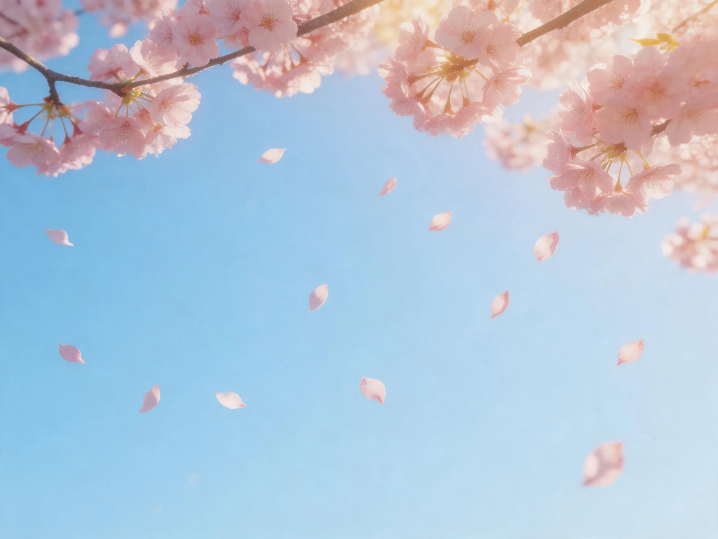 Pink Cherry Blossom Branches with Falling Petals Against Clear Blue Sky