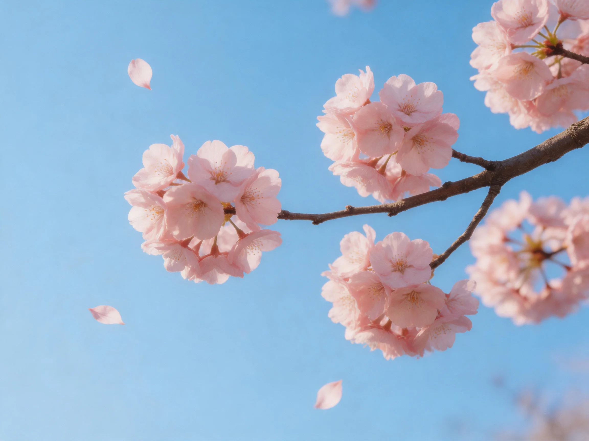 Pink Cherry Blossom Clusters with Falling Petals Against Clear Blue Sky