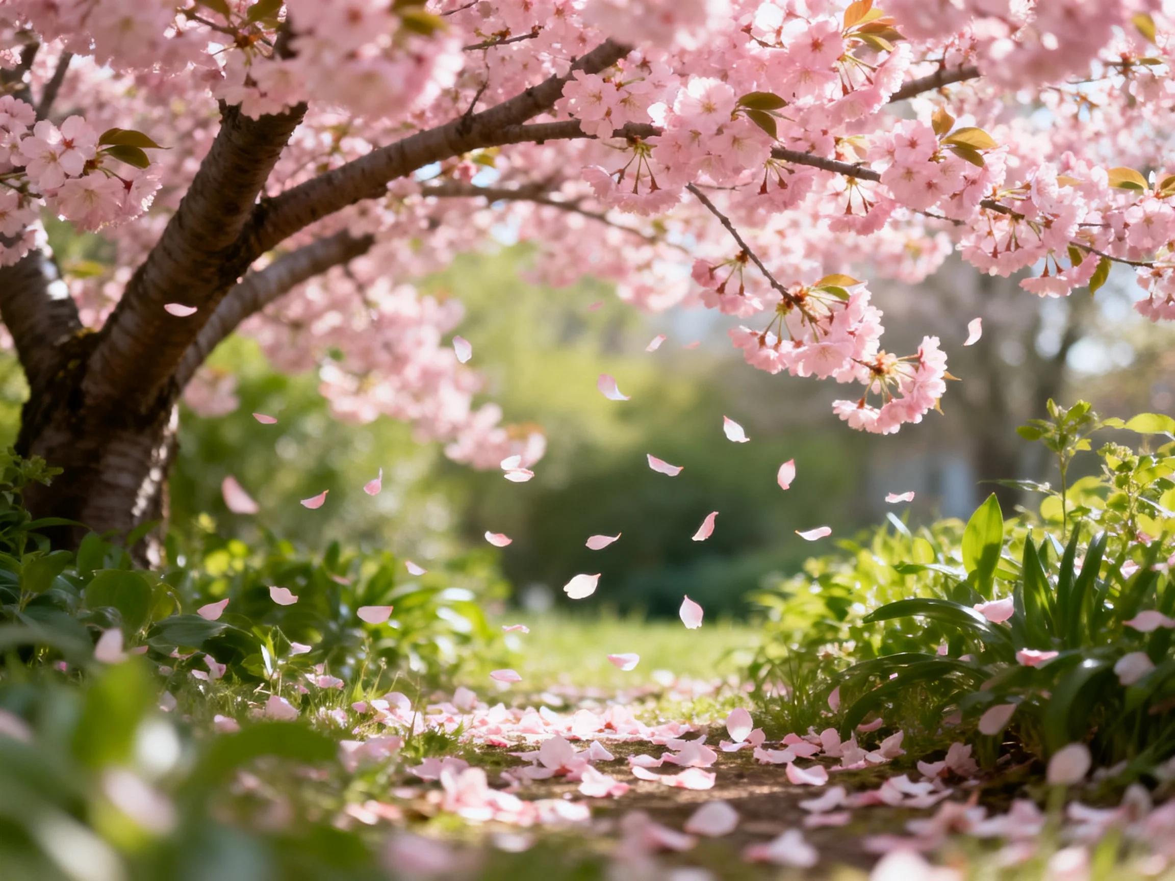 Pink Cherry Blossom Petals Cascading Along a Sunlit Garden Path