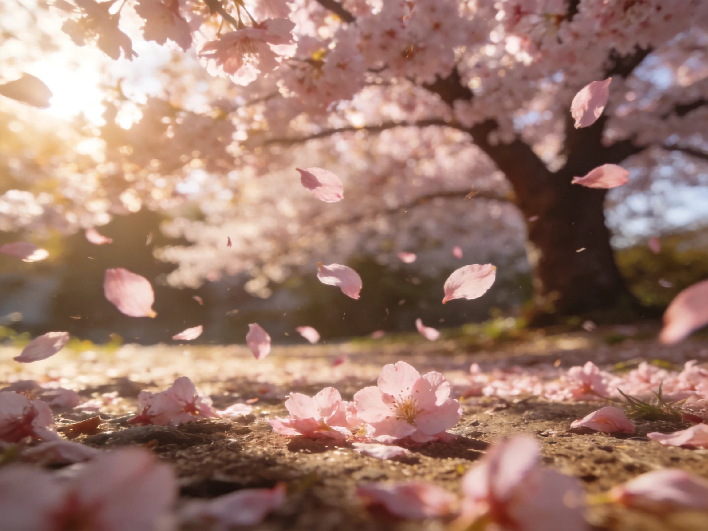 Pink Cherry Blossom Petals Falling Near a Large Tree Under Golden Sunlight