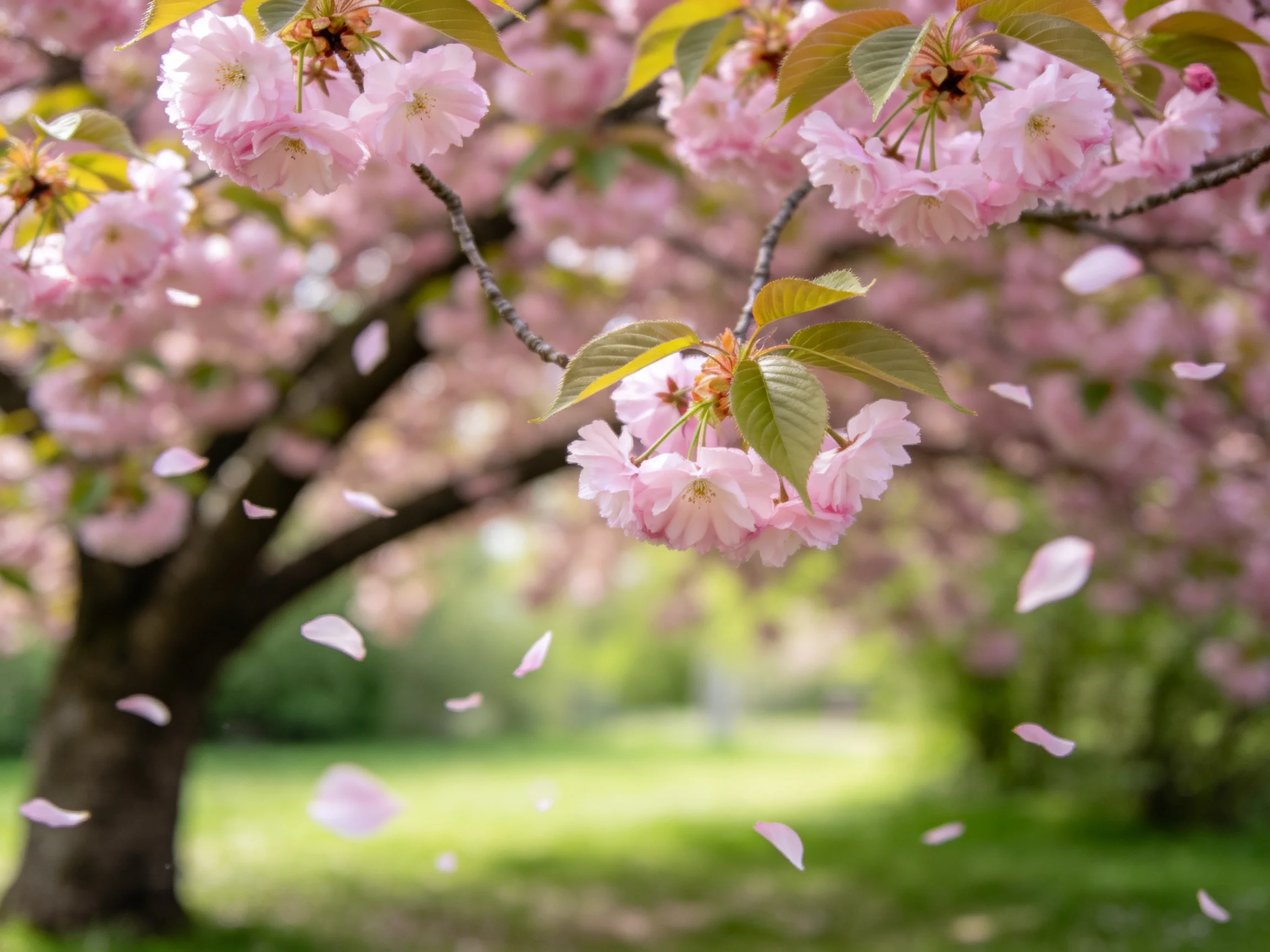Pink Cherry Blossom Tree with Falling Petals in a Sunlit Park