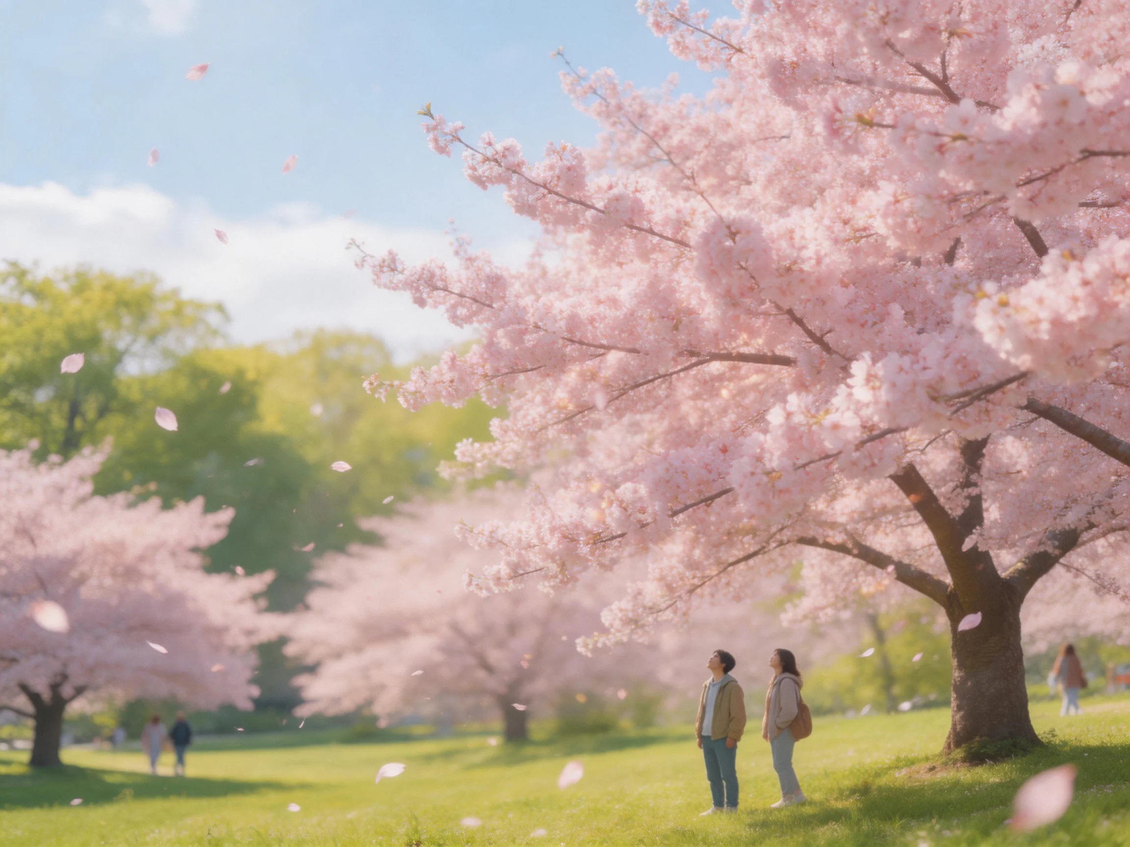 Pink Cherry Blossom Trees Fill a Sunny Park with Visitors
