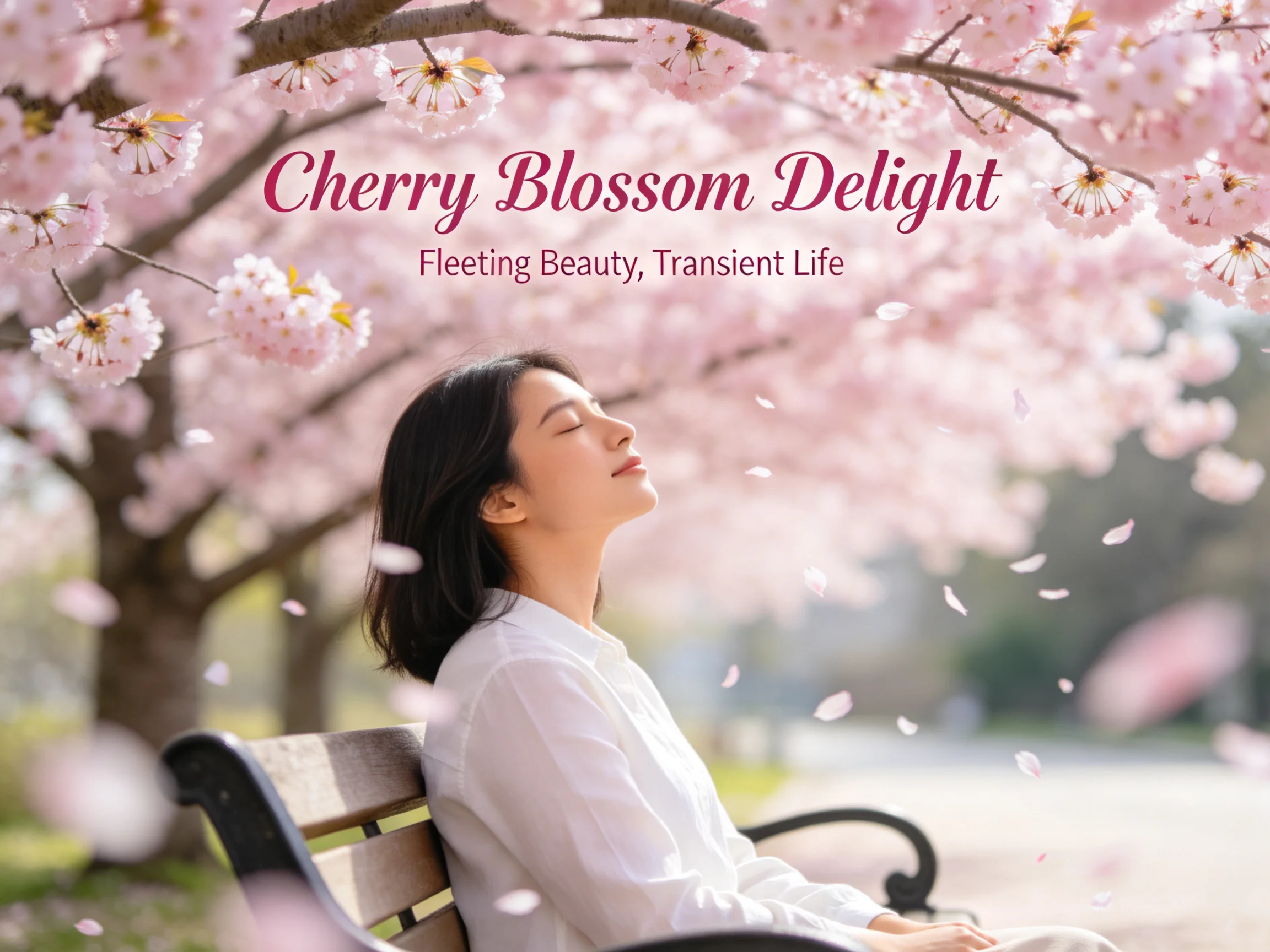 Pink Cherry Blossoms Frame Woman on Wooden Bench