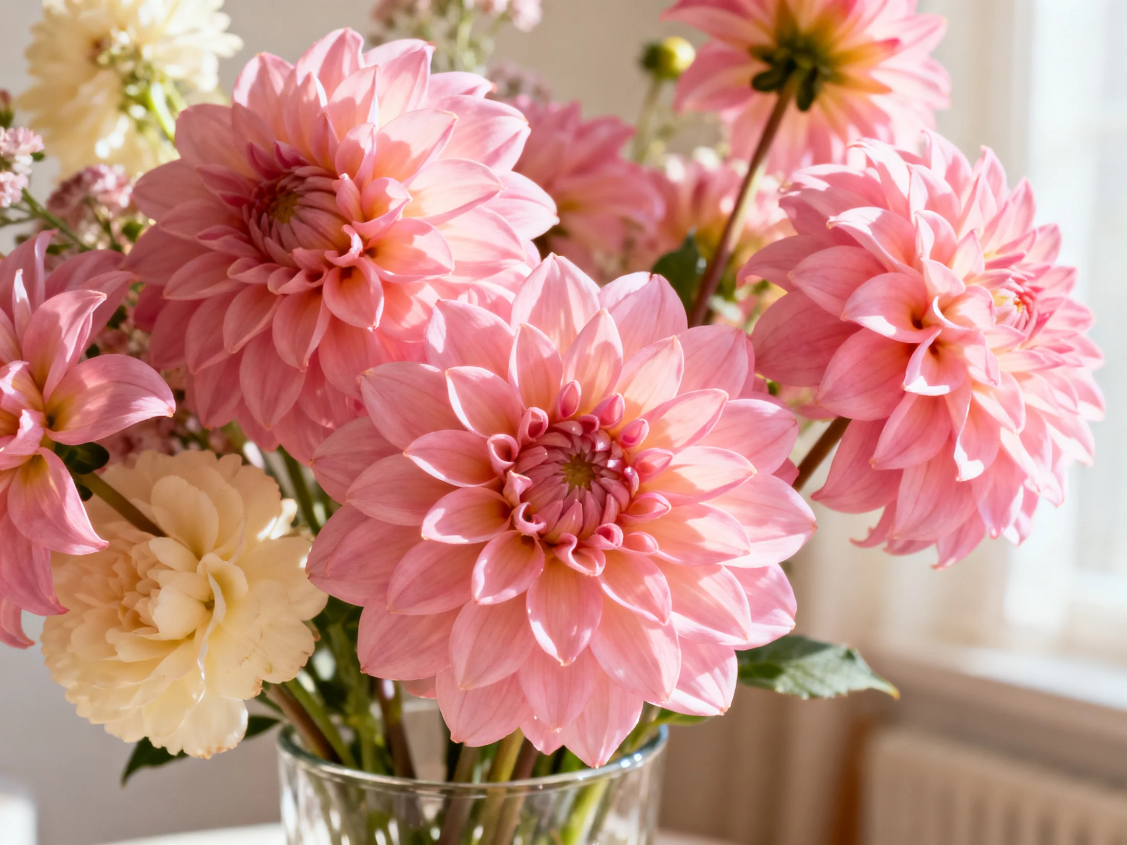 Pink Dahlias and Cream Flowers Arranged in a Glass Vase
