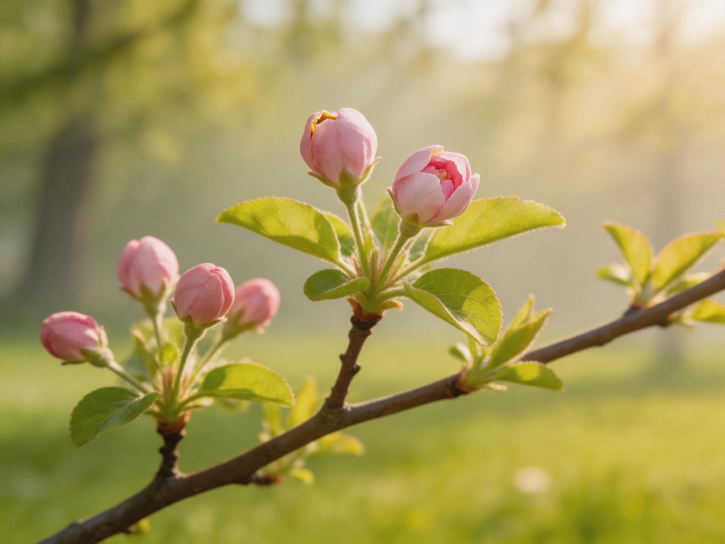 Pink Flower Buds on a Branch with Fresh Green Leaves Under Warm Sunlight