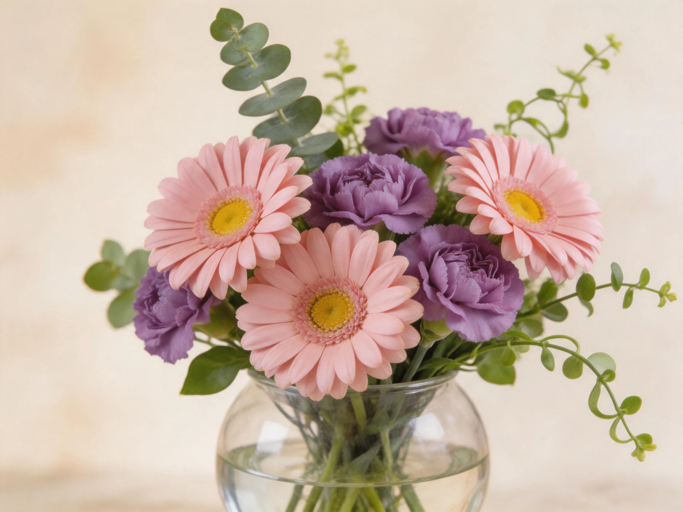Pink Gerbera Daisies and Purple Carnations in a Clear Glass Vase