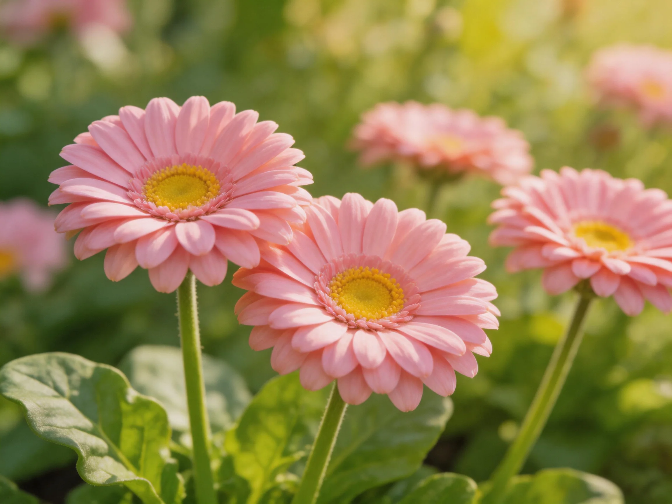 Pink Gerbera Daisies with Yellow Centers Bloom in a Sunlit Garden