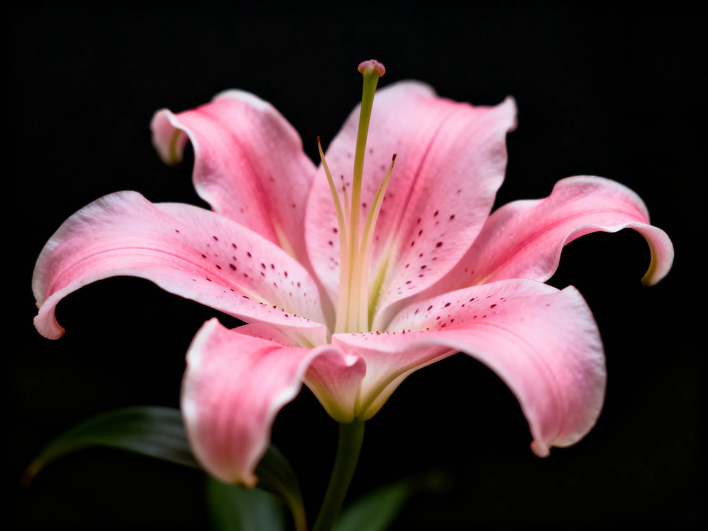 Pink Lily with Speckled Petals Against Dark Background