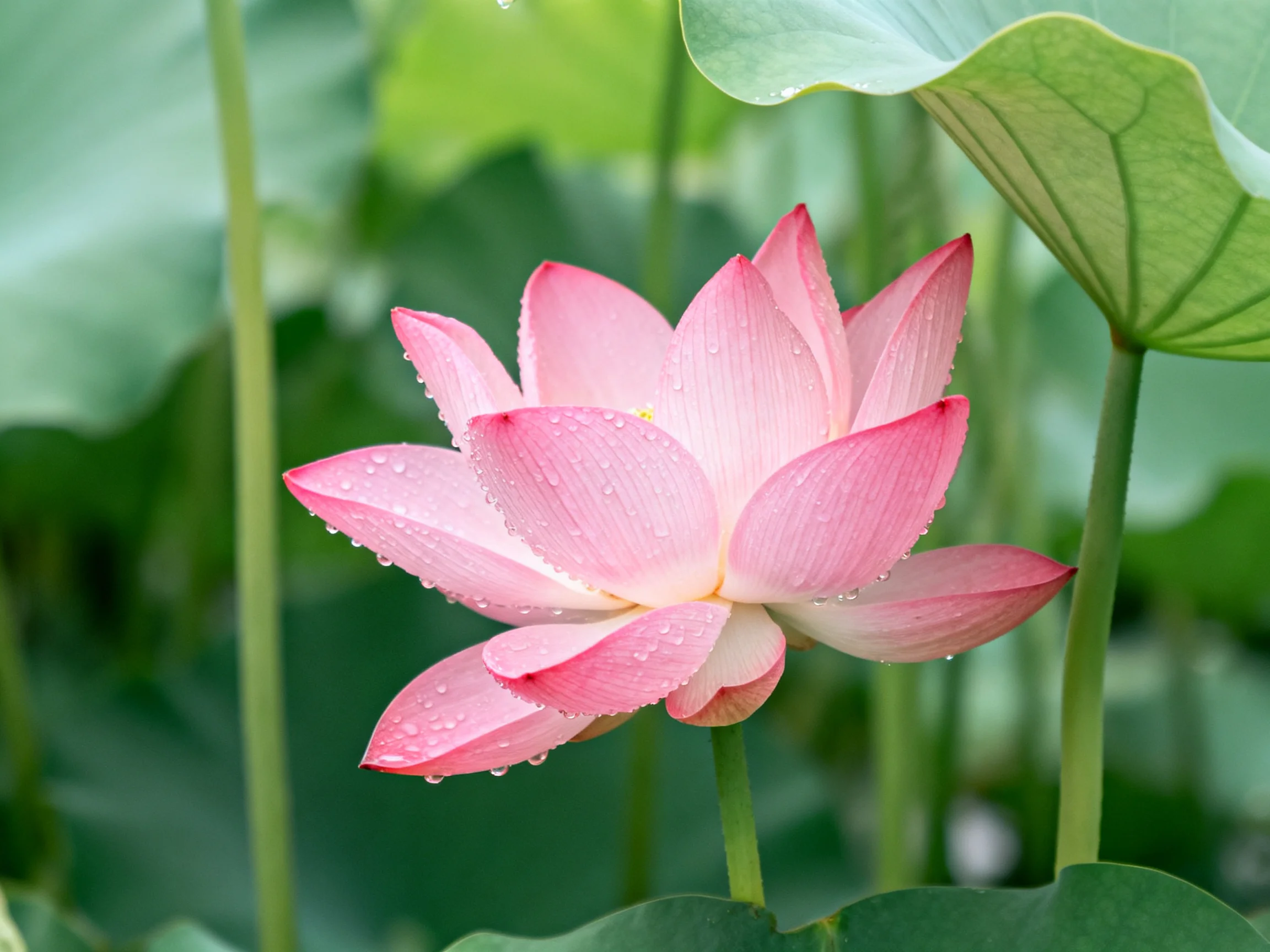 Pink Lotus with Dew Drops Among Green Leaves