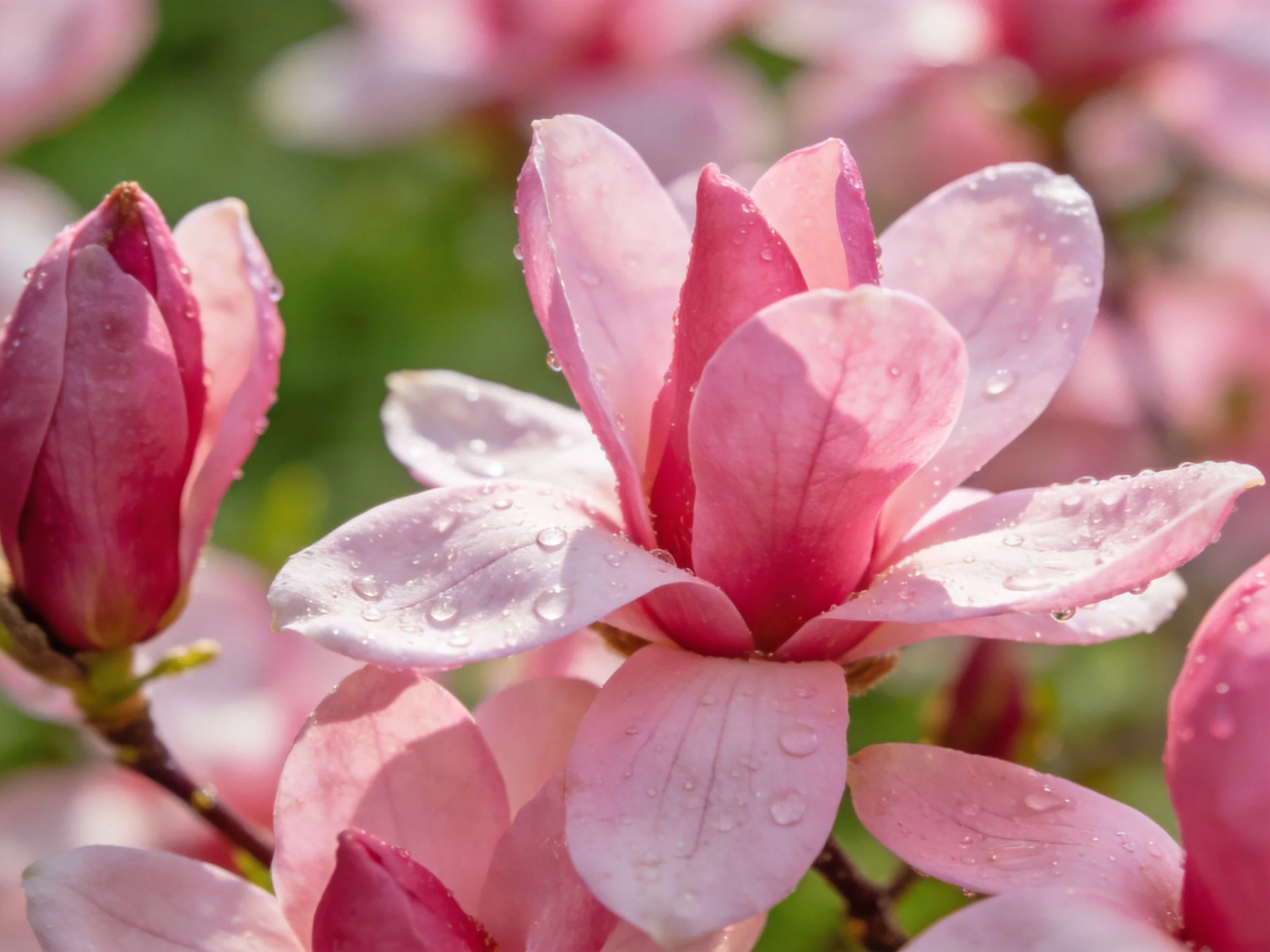 Pink Magnolia Flowers With Dew Drops Display Delicate Petals