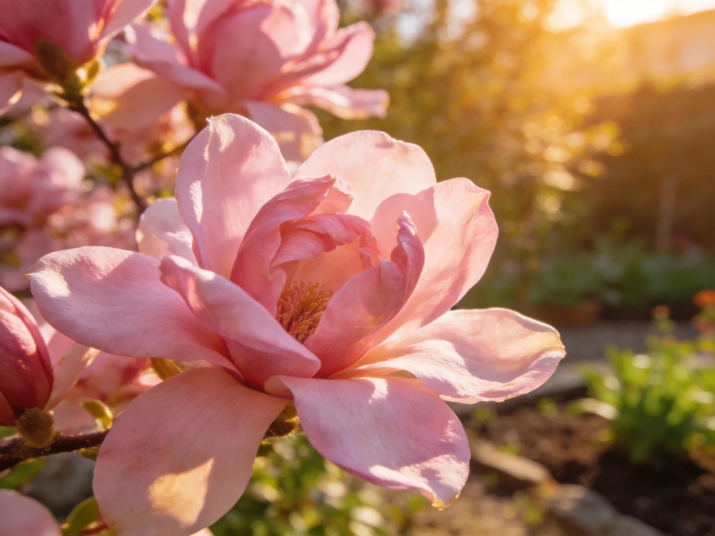 Pink Magnolias Bathed in Golden Garden Light