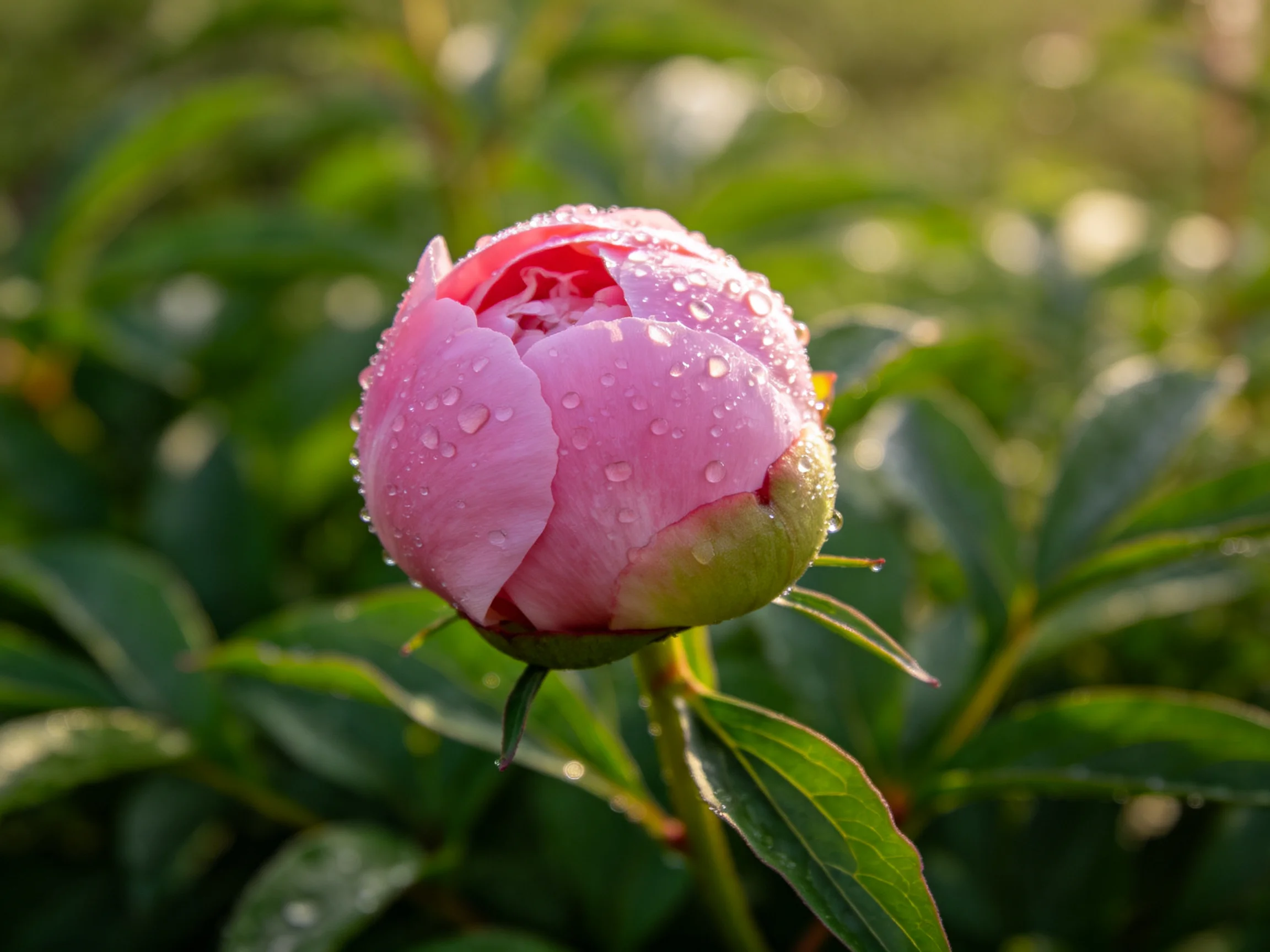 Pink Peony Bud with Dewdrops Amidst Lush Green Foliage