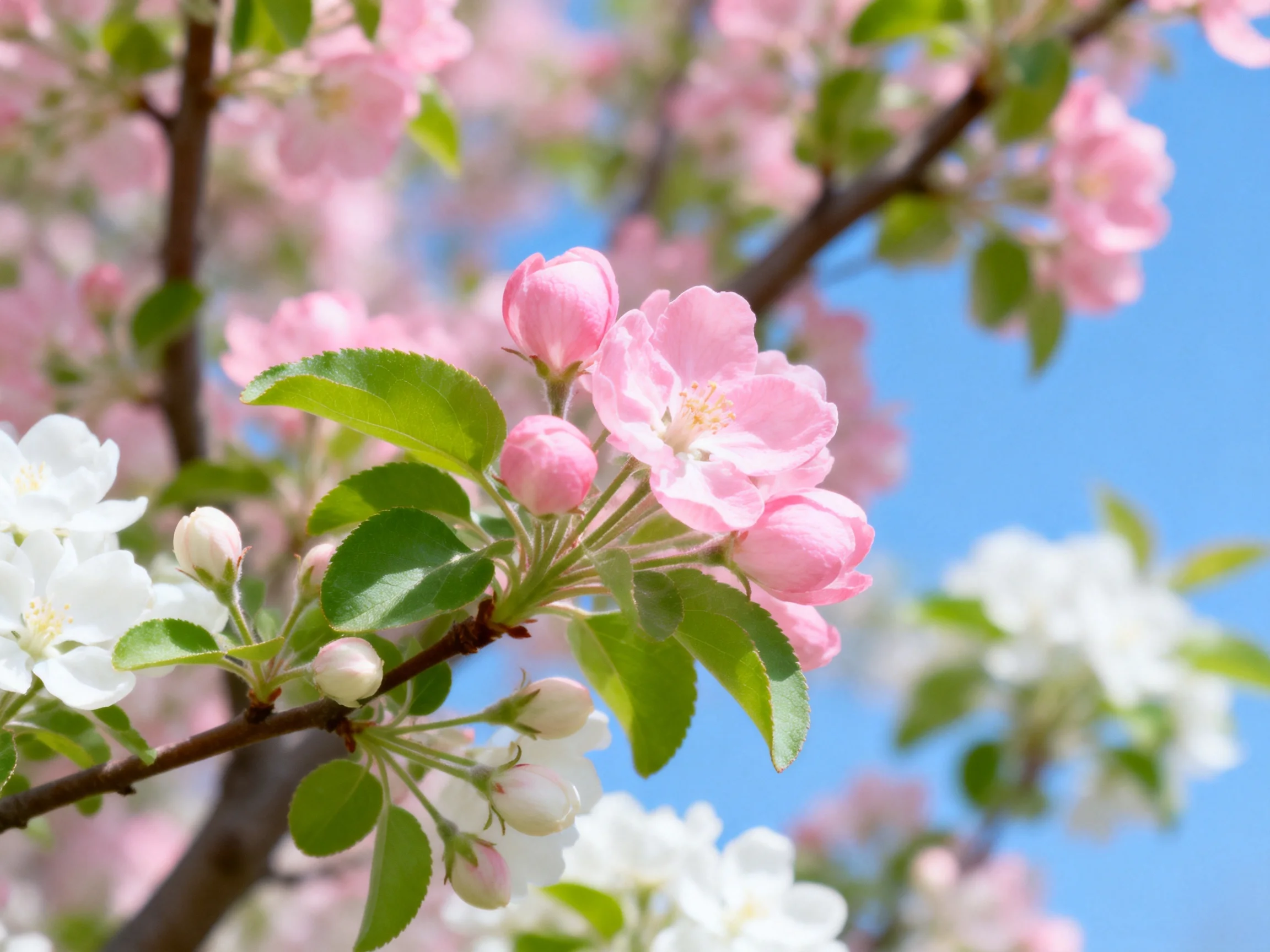 Pink and White Flowering Branches Against a Clear Blue Sky