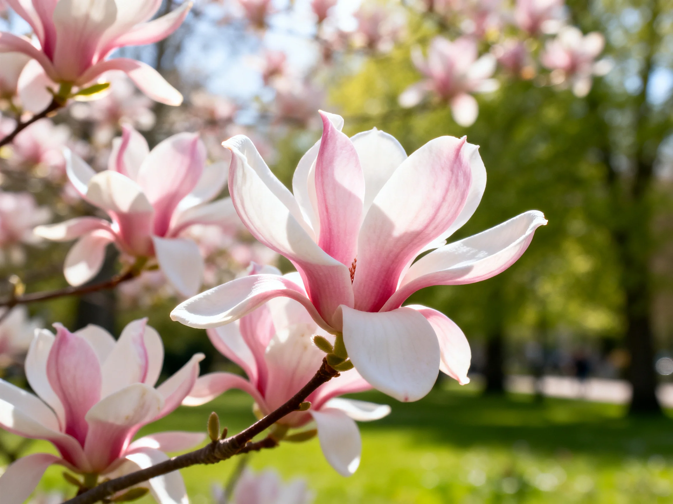 Pink and White Magnolia Flowers Blooming in a Sunlit Park