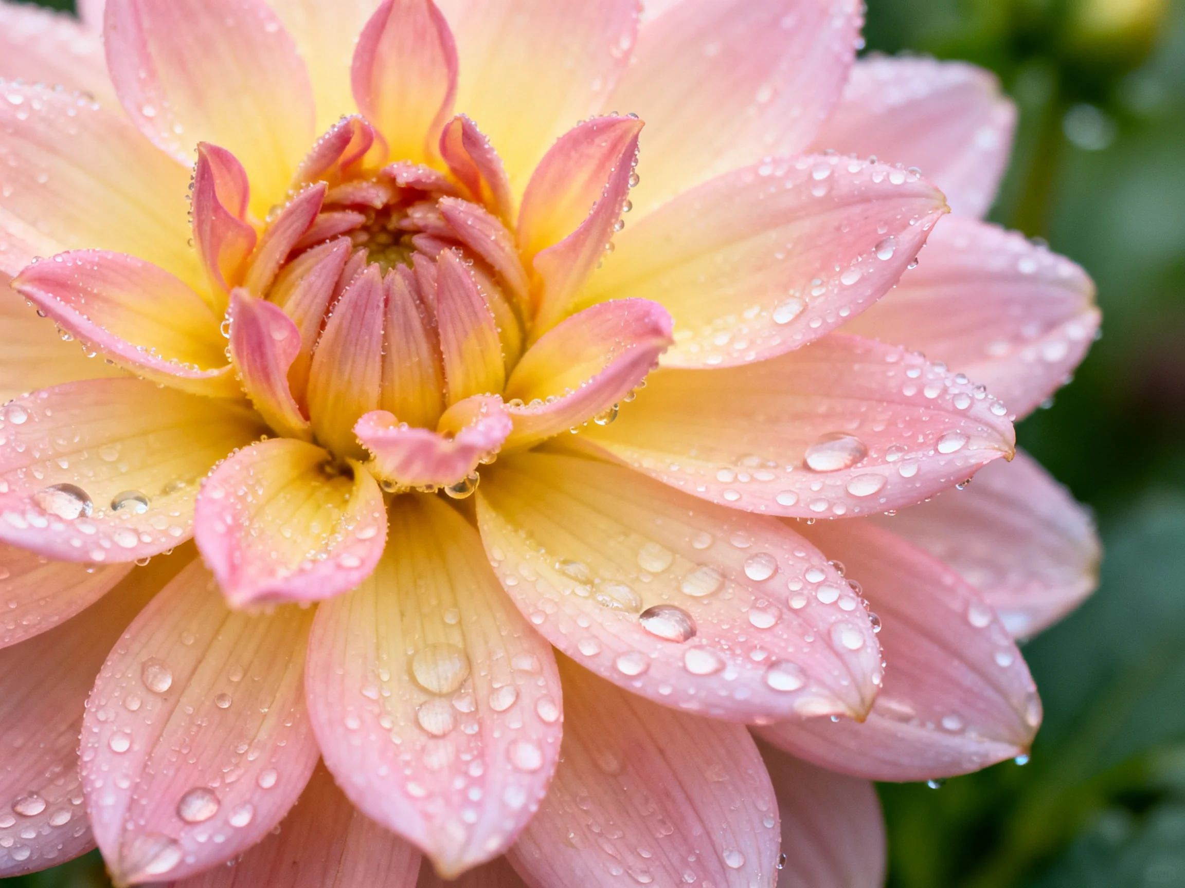 Pink and Yellow Dahlia with Dewy Petals