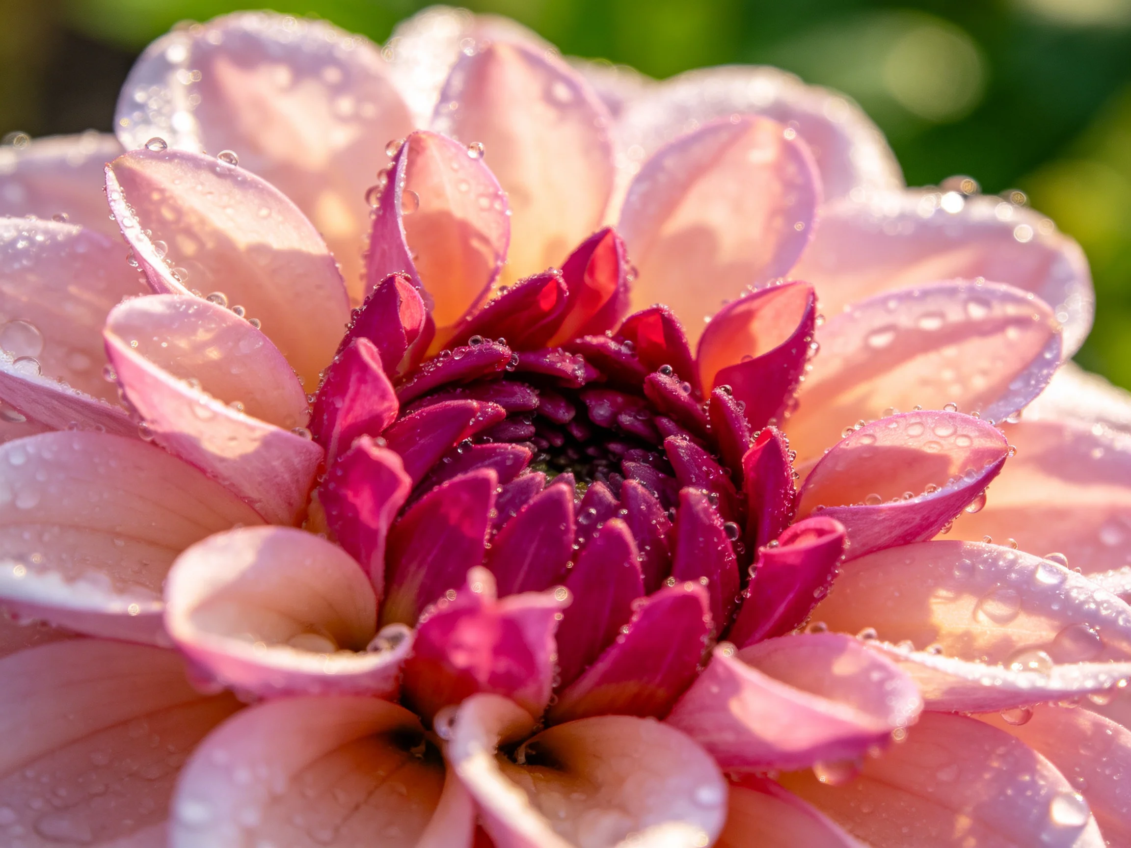 Pink and burgundy dahlia with dewdrops on layered petals