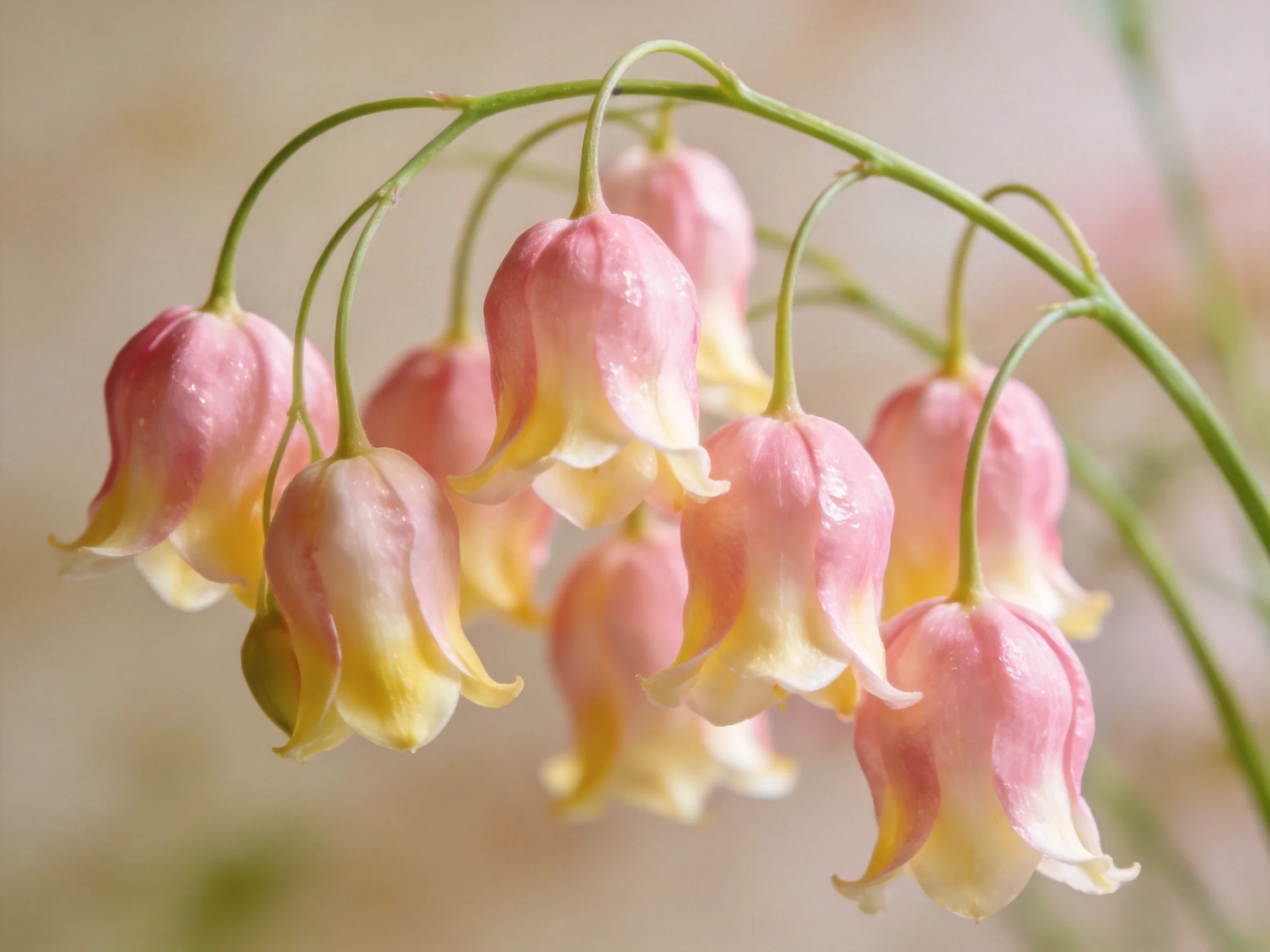 Pink and cream bell flowers hang from curved green stems