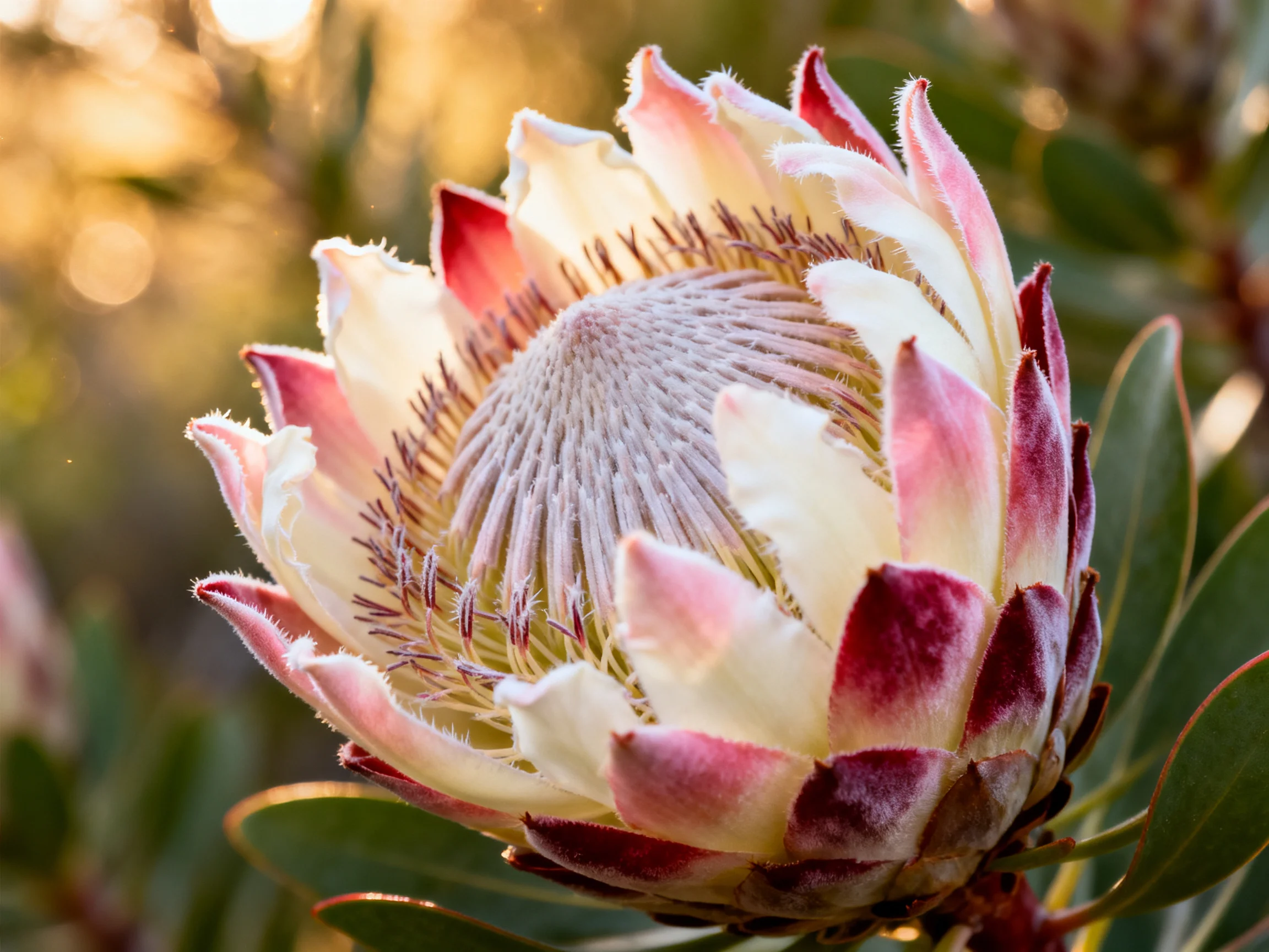 Pink and cream protea flower in soft natural light