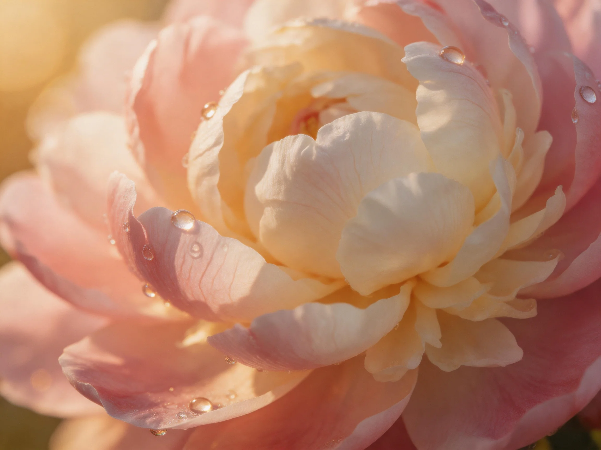 Pink and ivory peony with glistening dewdrops