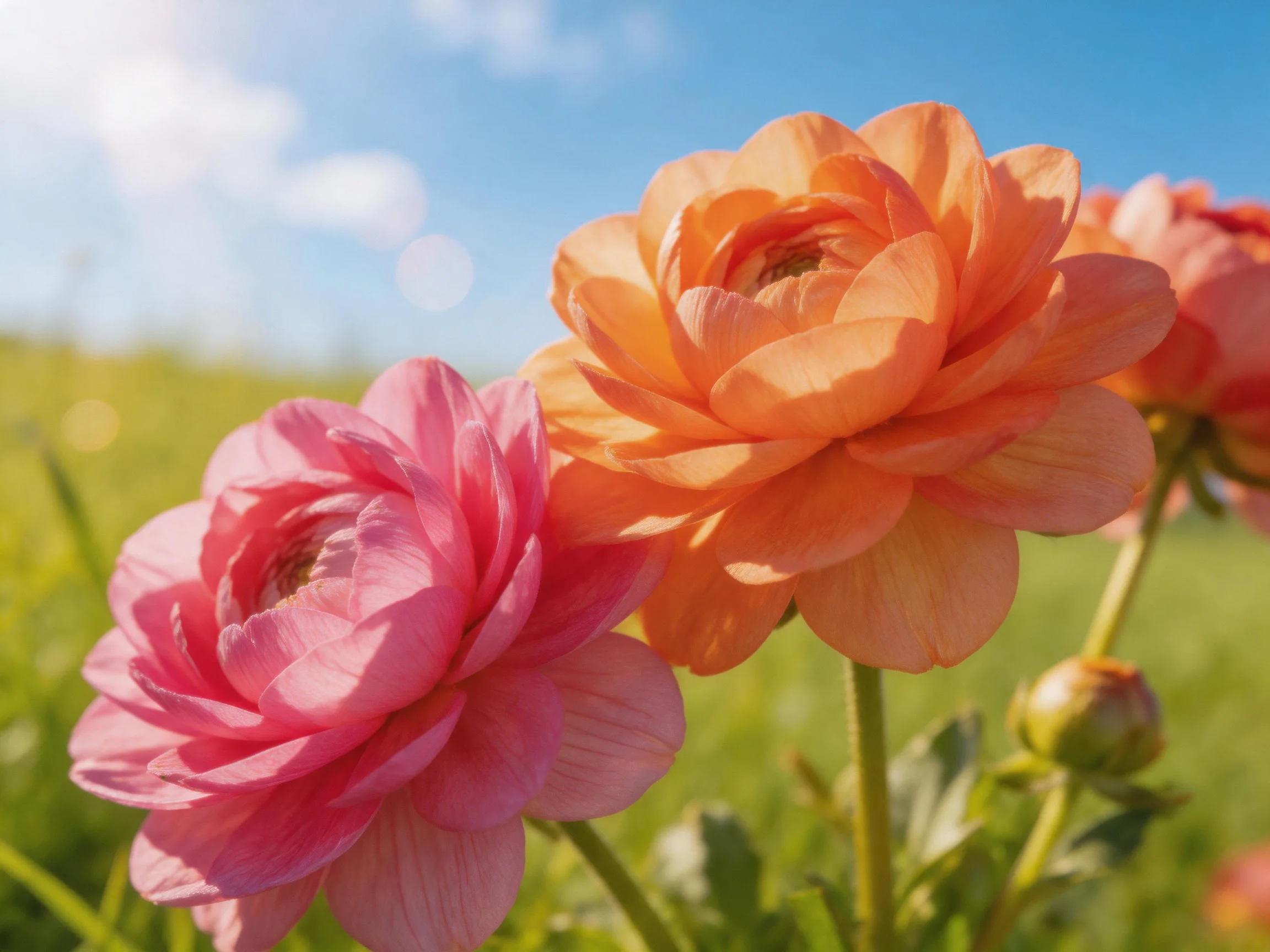 Pink and orange ranunculus flowers bloom in a sun-drenched meadow