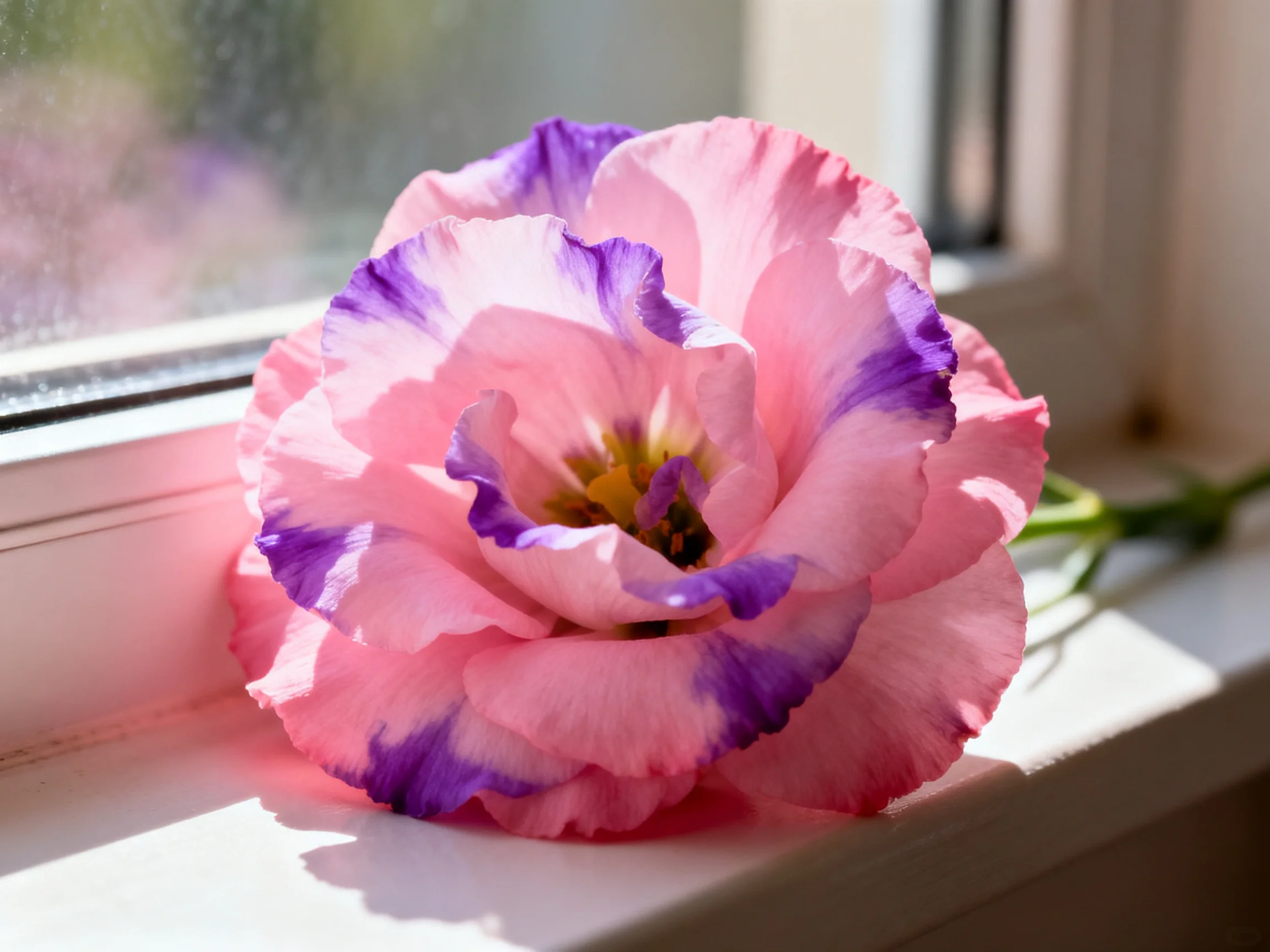 Pink and purple carnation resting on a sunlit windowsill