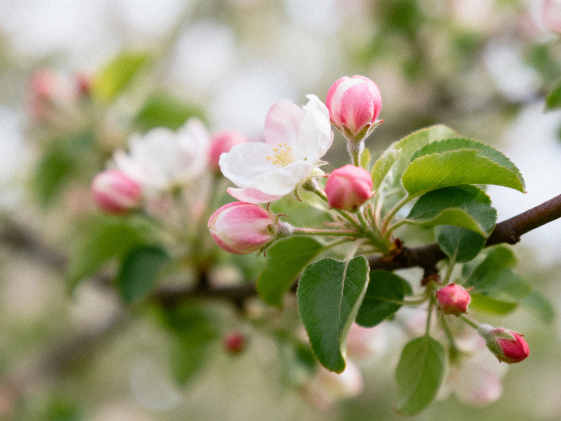 Pink and white apple blossoms bloom among vibrant green leaves