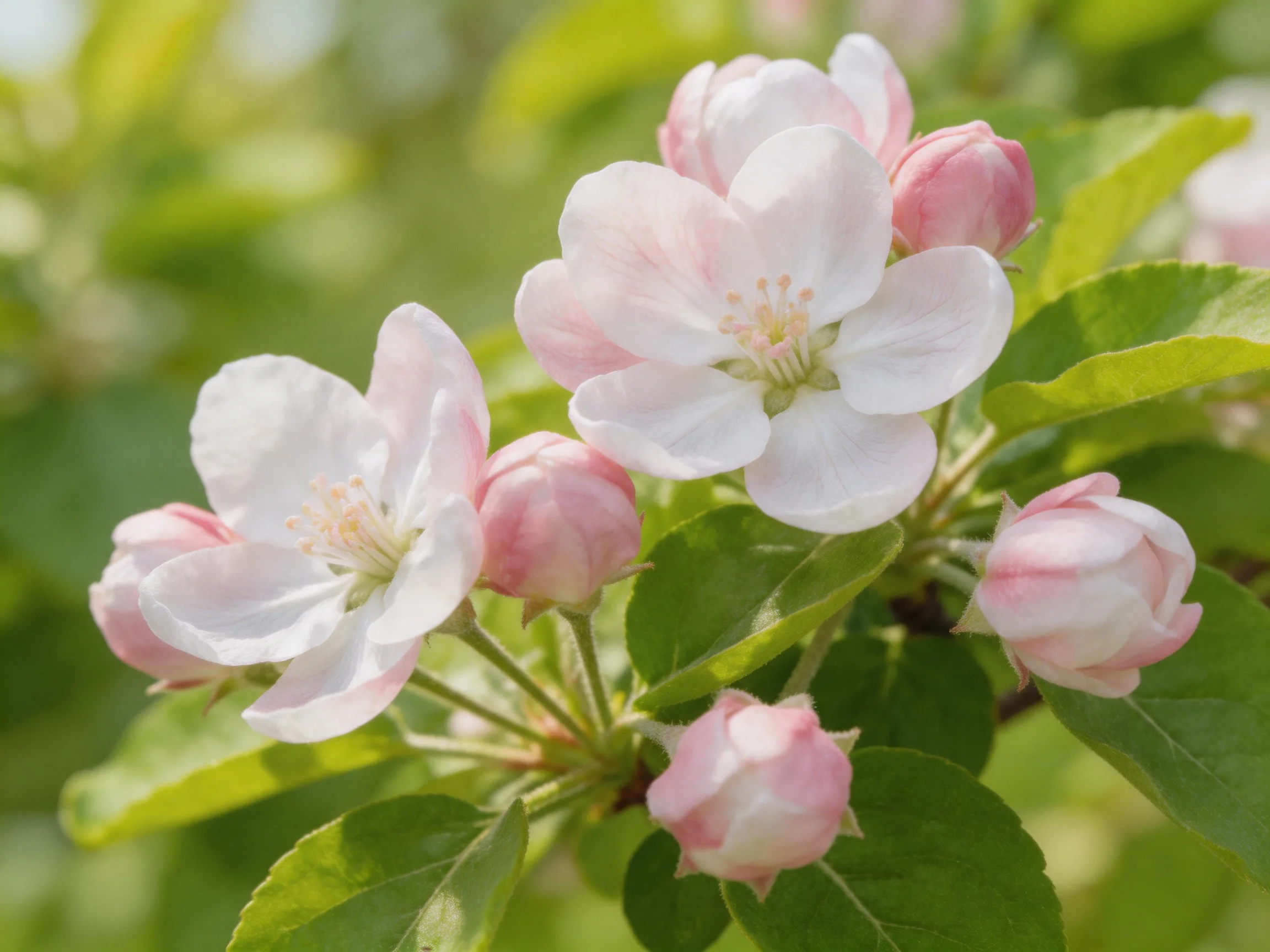 Pink and white apple blossoms with green foliage