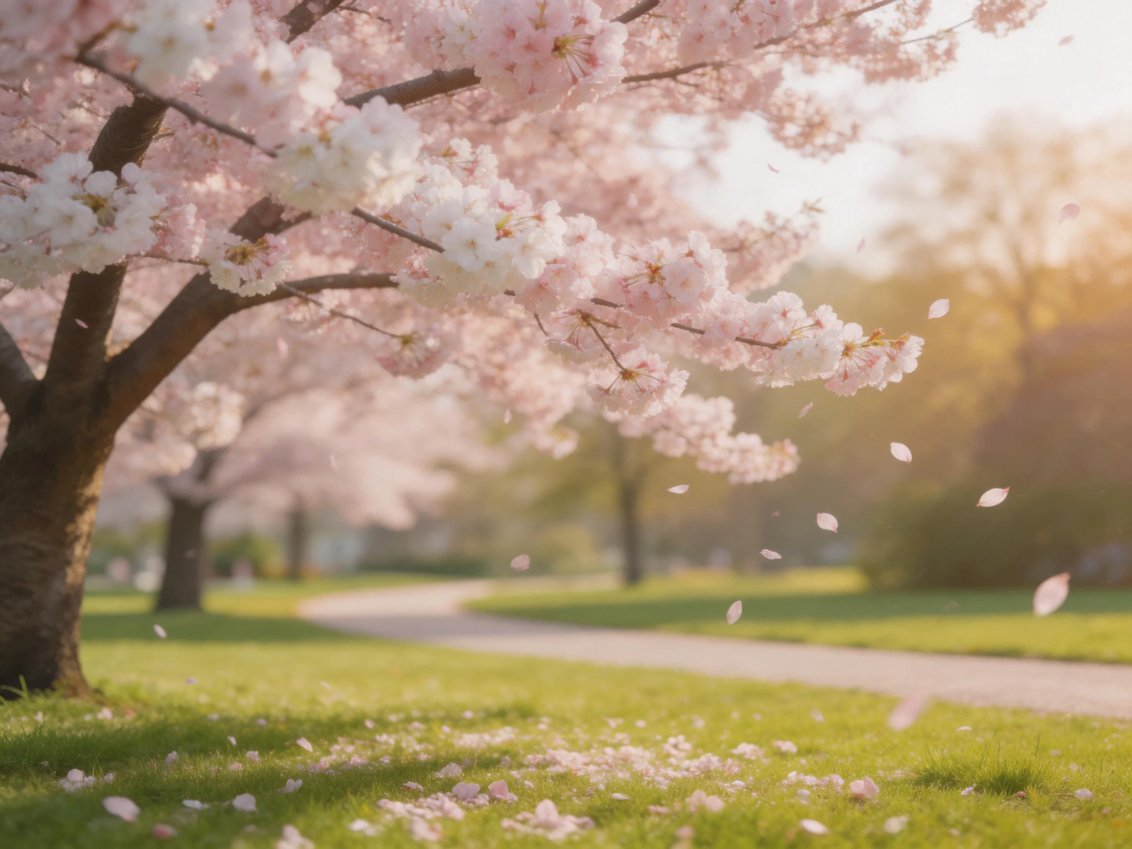 Pink and white cherry blossom trees bloom along a sunlit park path