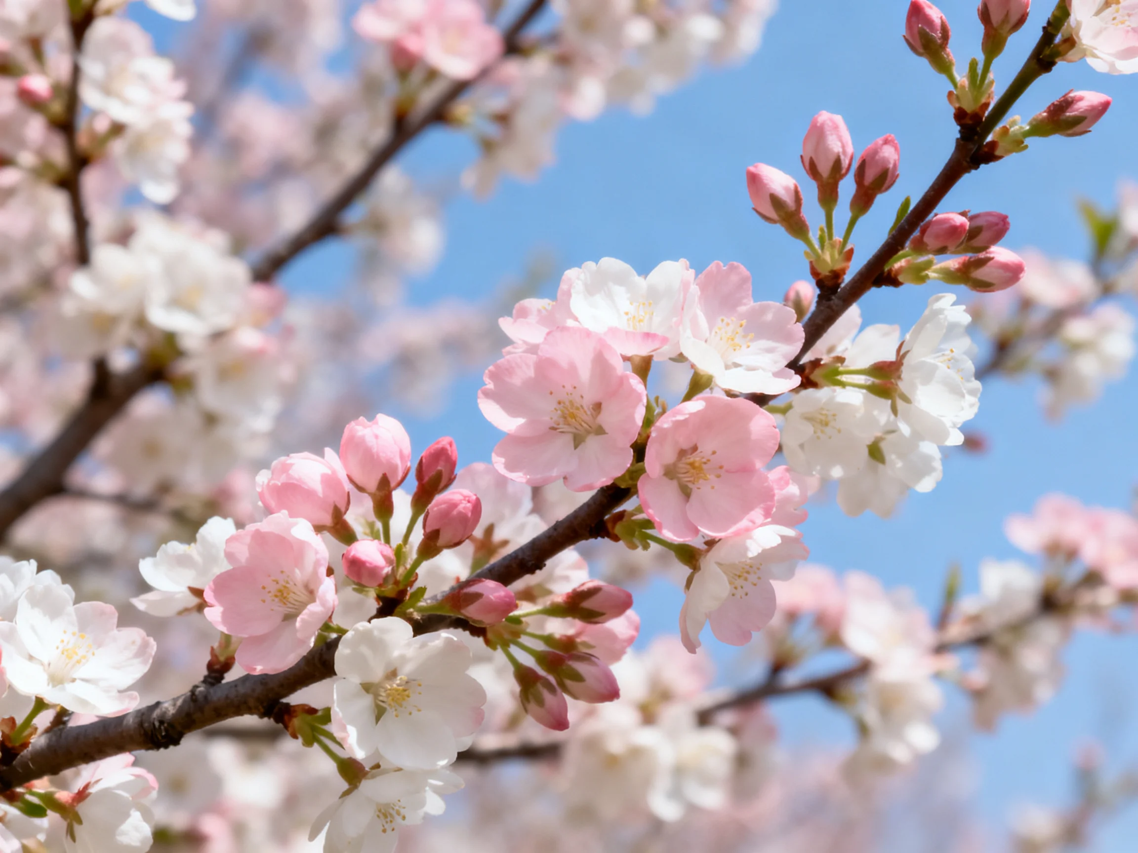 Pink and white cherry blossoms bloom against a clear blue sky