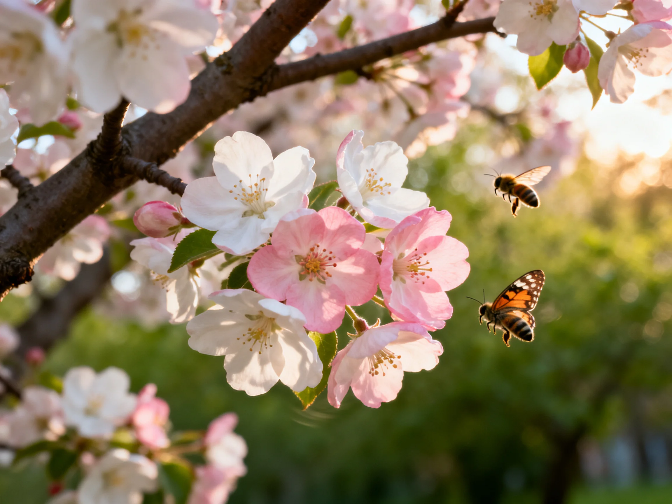 Pink and white cherry blossoms with bees and butterflies near blooming branches