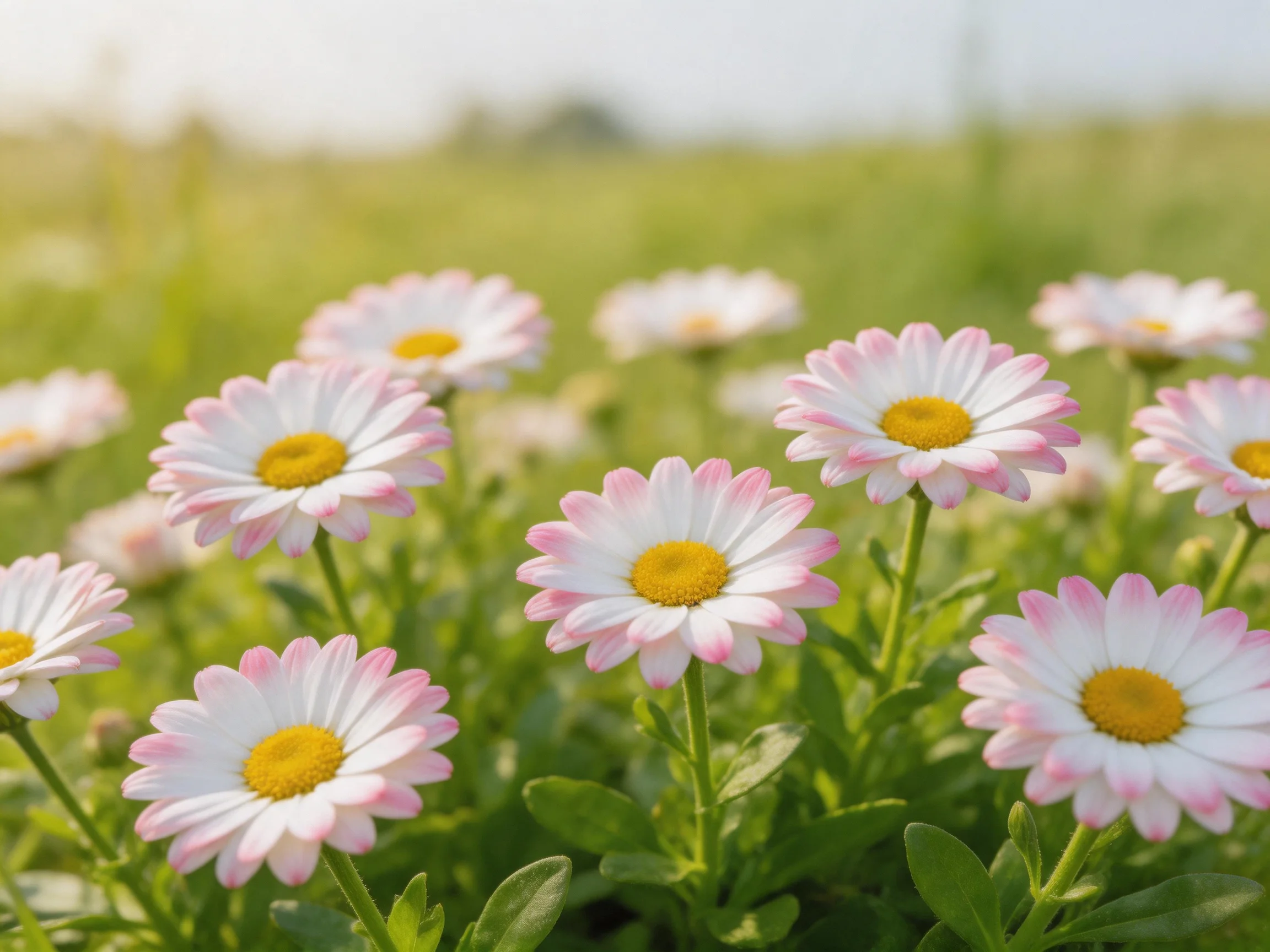 Pink-and-white daisies bloom abundantly in a sunlit meadow