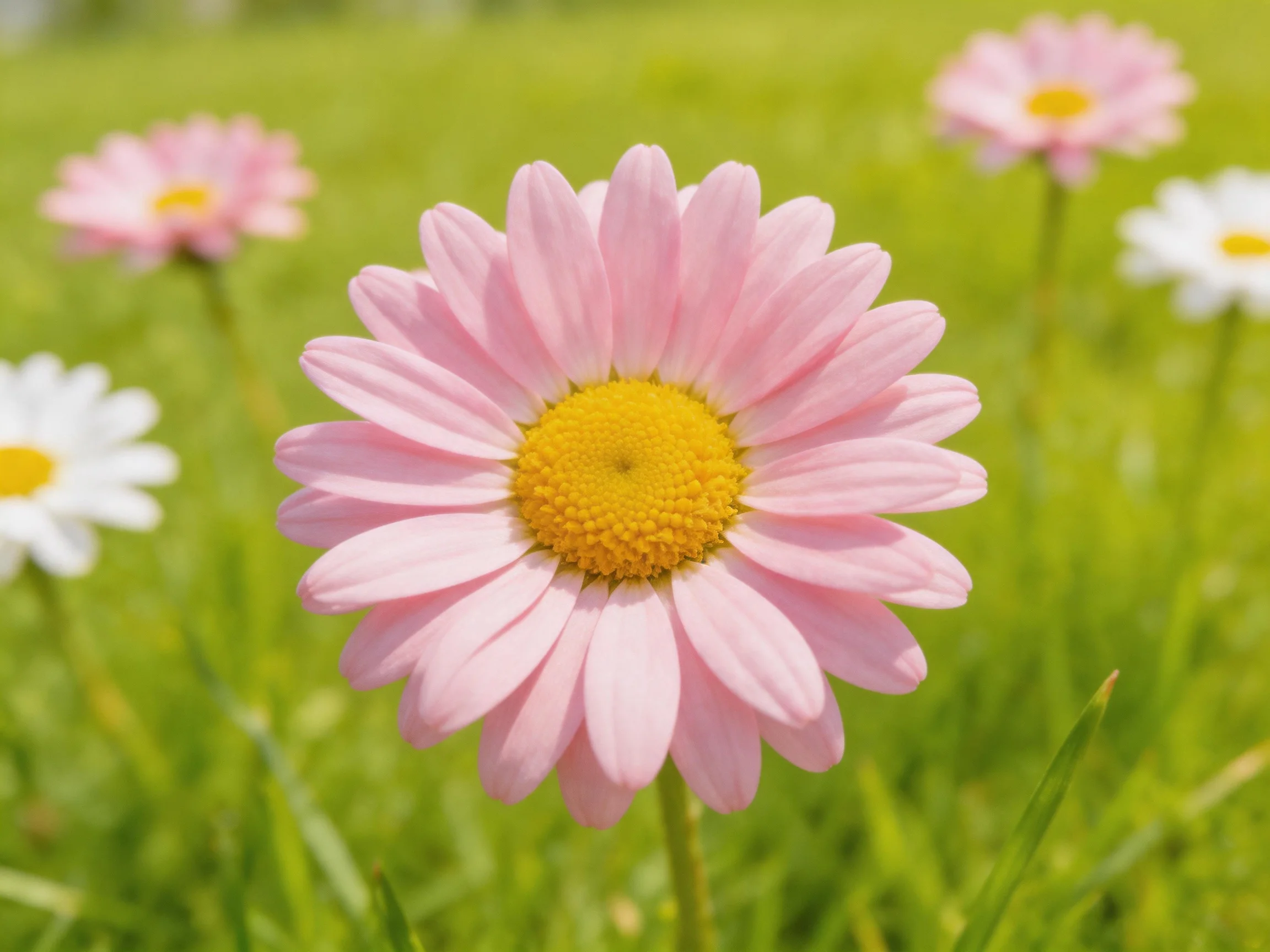 Pink and white daisies bloom in a lush green meadow