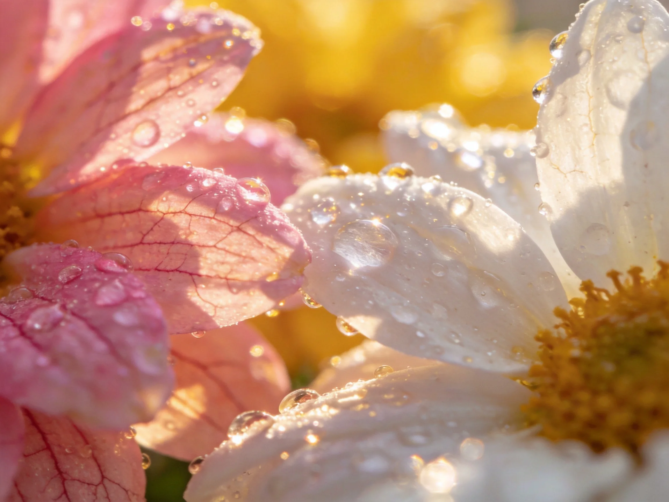 Pink and white flowers with glistening dewdrops in warm sunlight