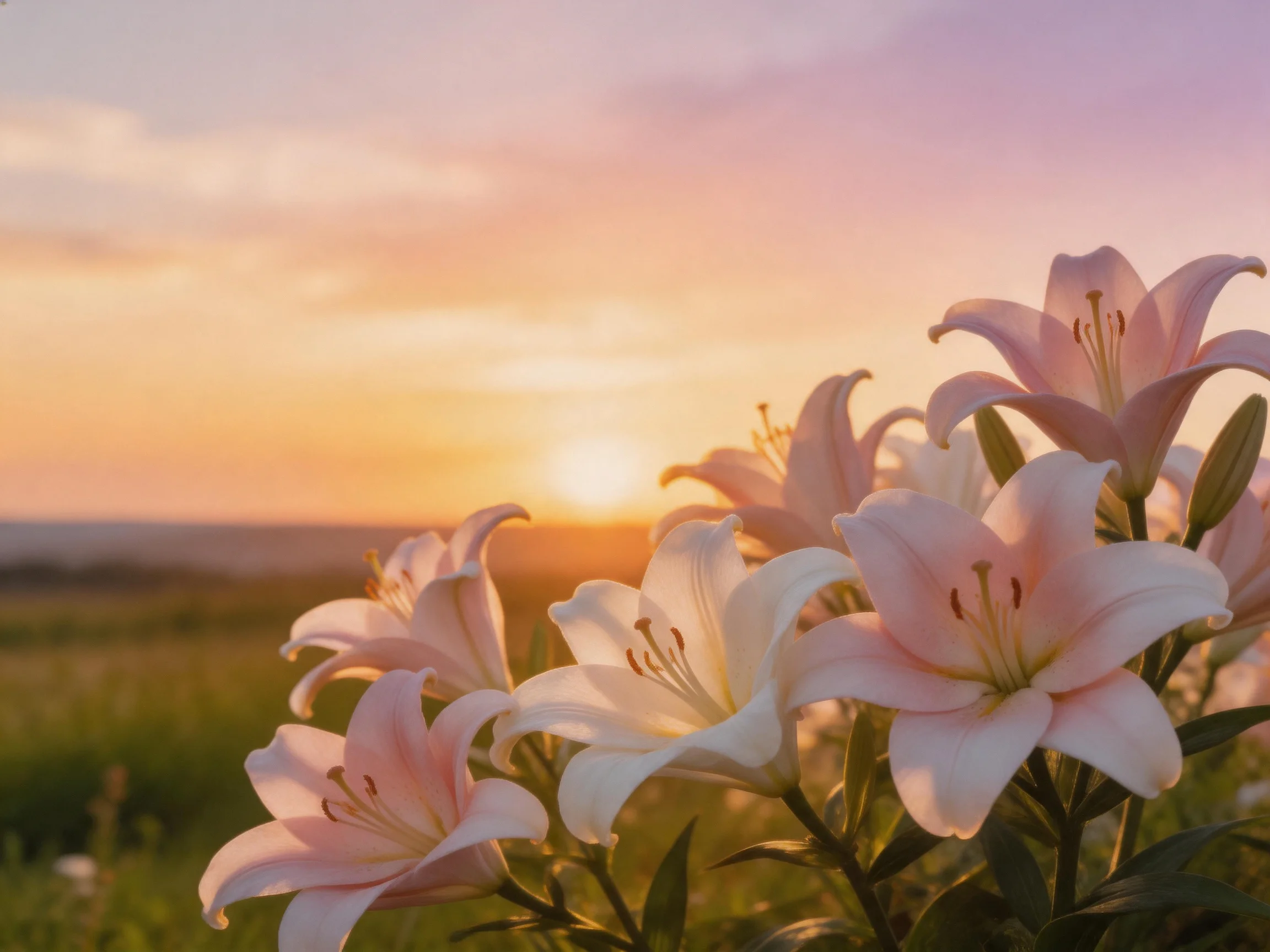 Pink and white lilies bloom near a golden-hued sunset horizon.