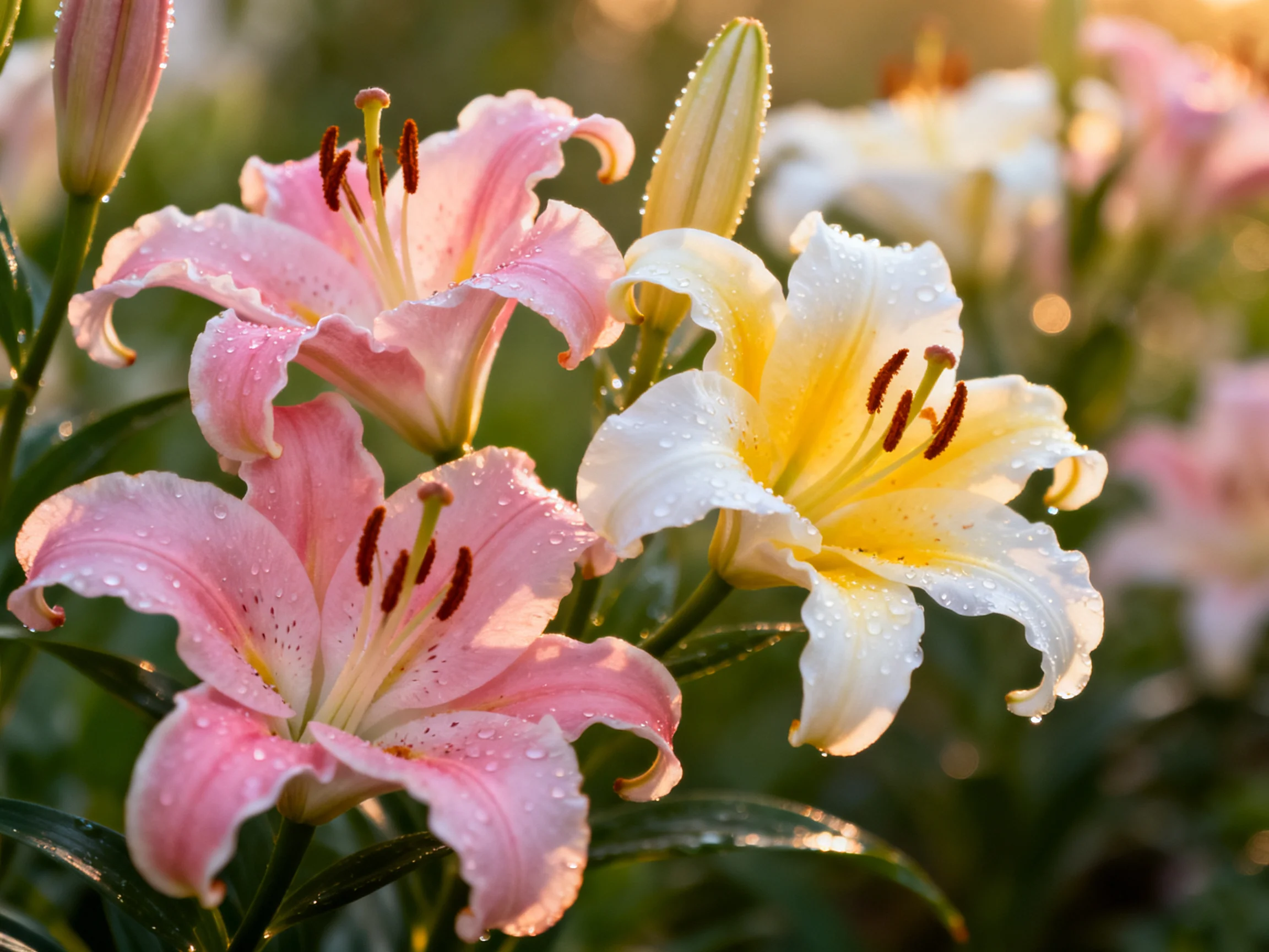 Pink and white lilies with dewdrops, bathed in warm sunlight