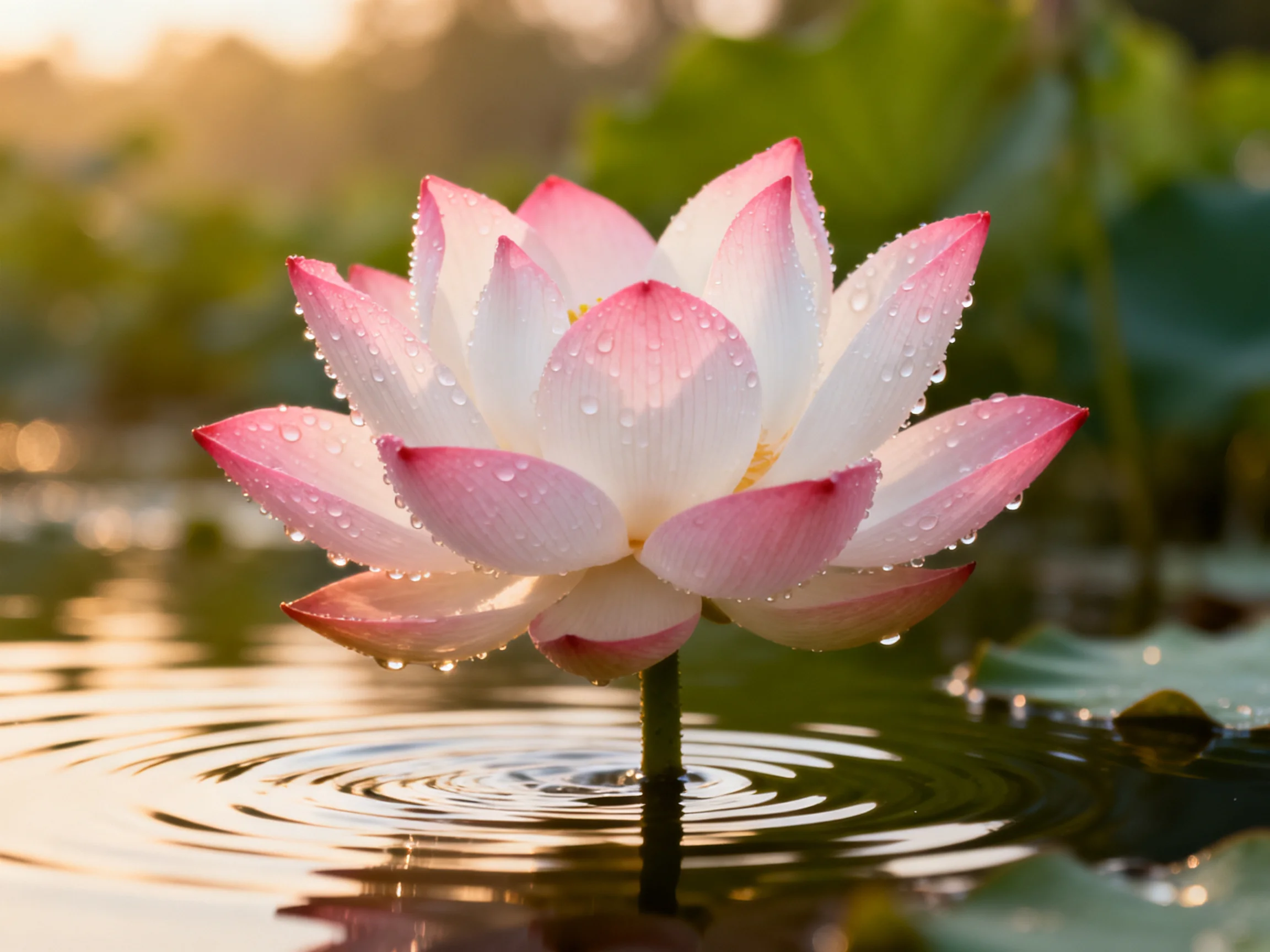 A pink and white lotus with dewdrops floats in still water.