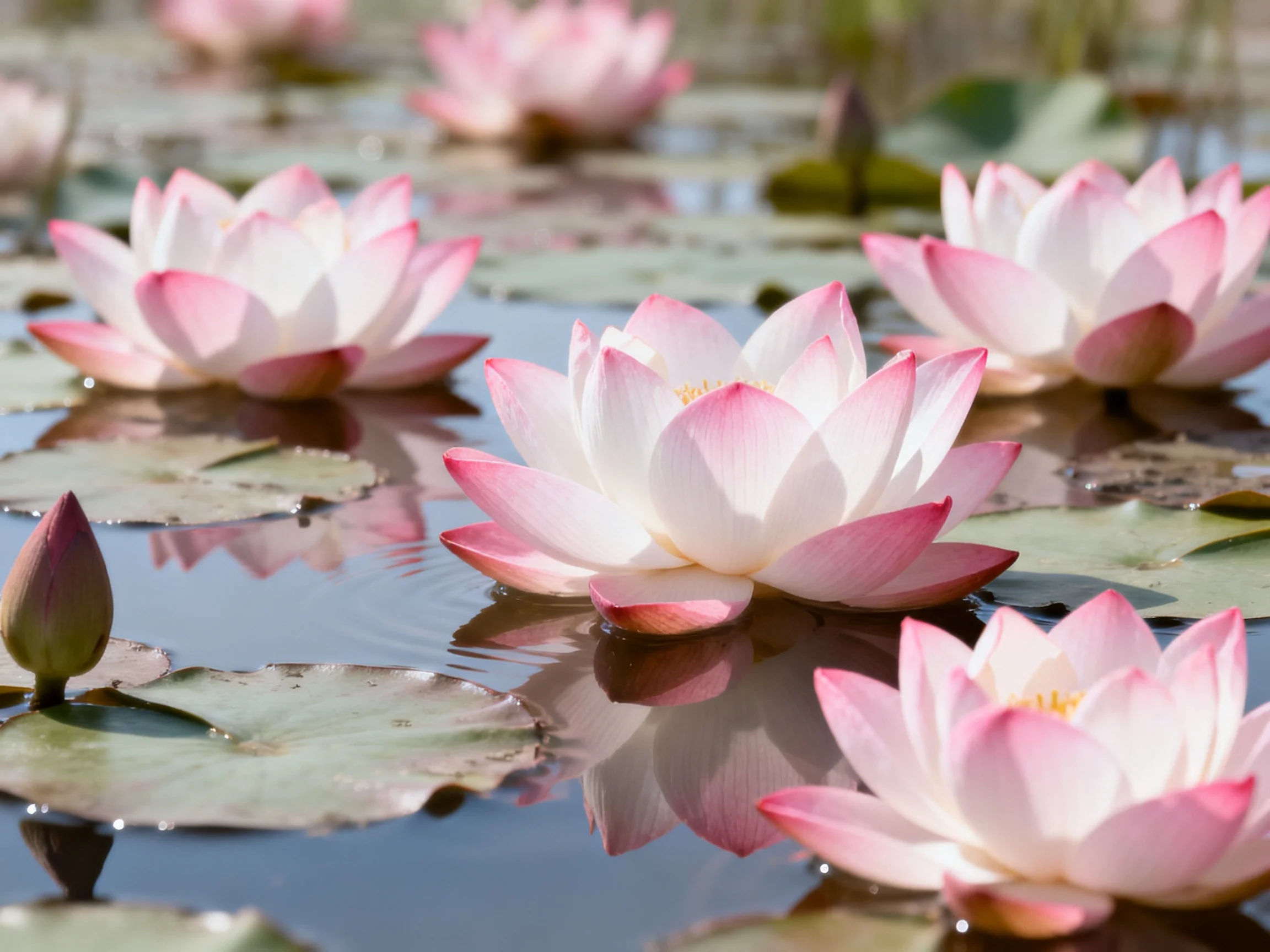 Pink and white lotus flowers float amid green lily pads in calm water