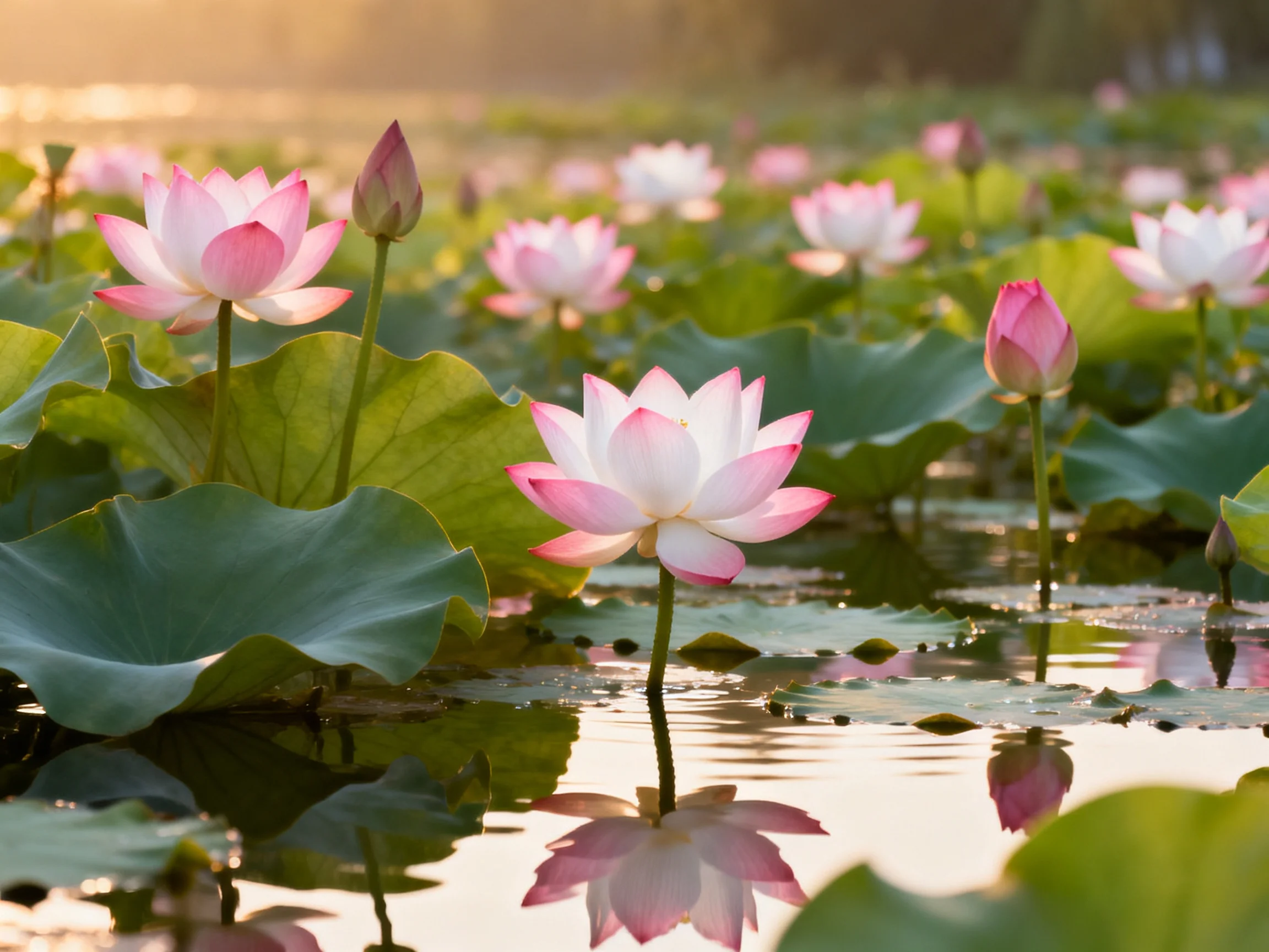Pink and white lotuses bloom among large green leaves in calm water