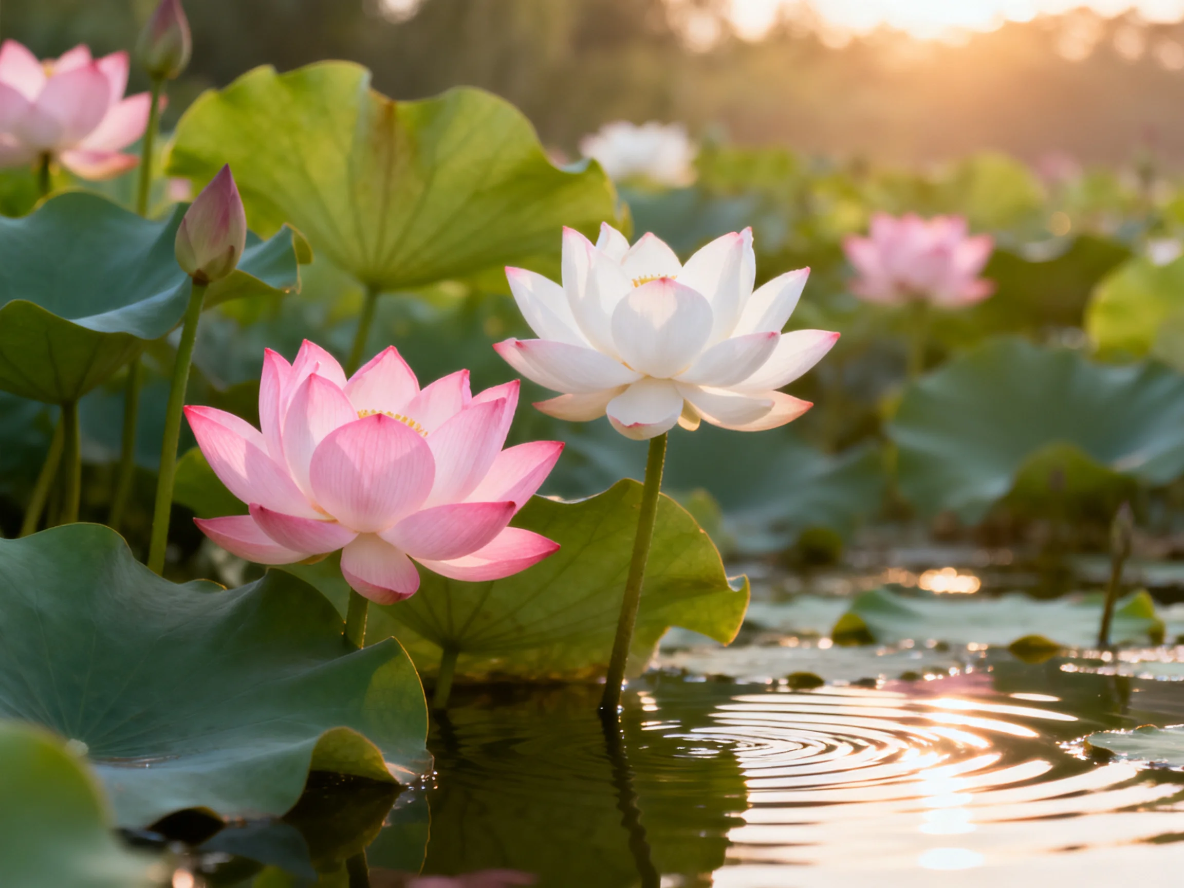 Pink and white lotuses bloom among large green leaves in calm water