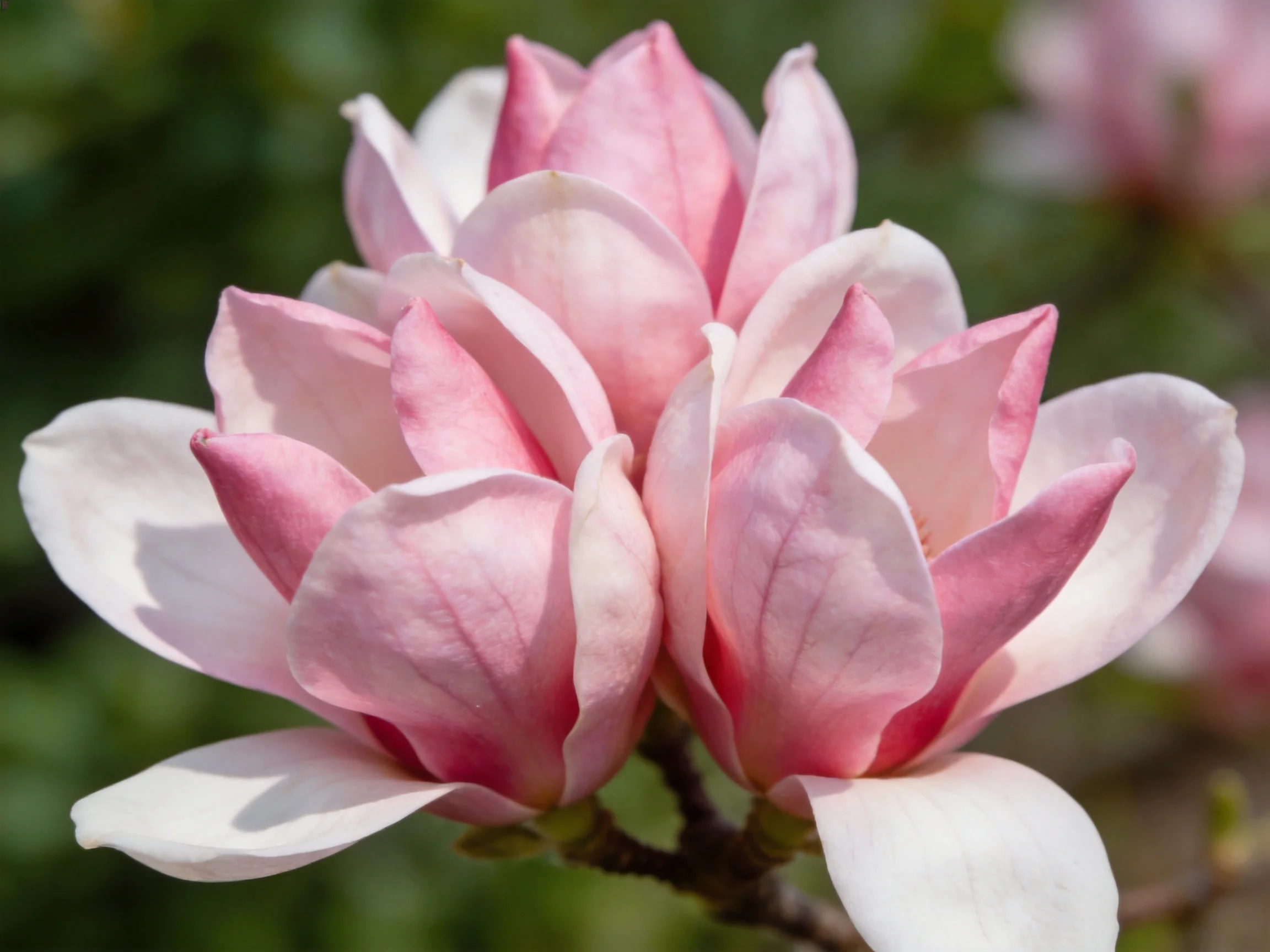 Pink and white magnolia blooms clustered together with a blurred green backdrop