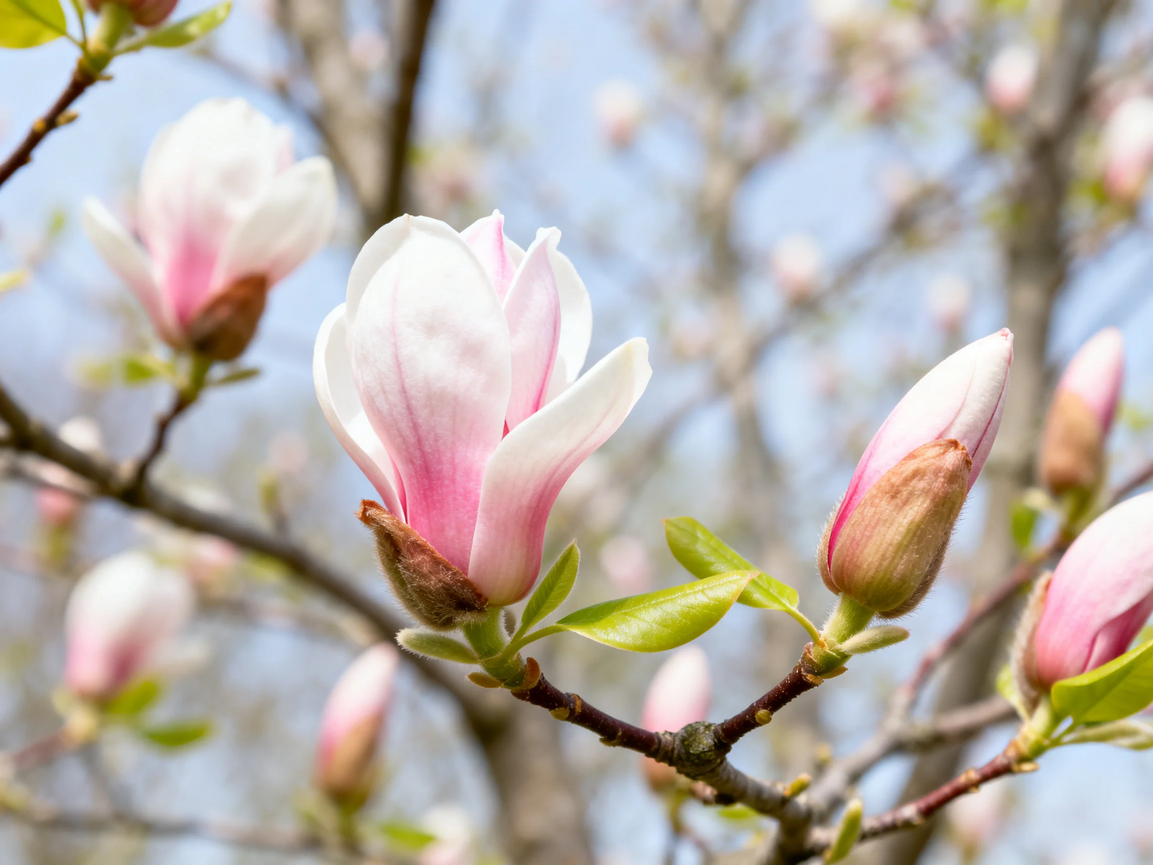 Pink and white magnolia blossoms bloom on tree branches