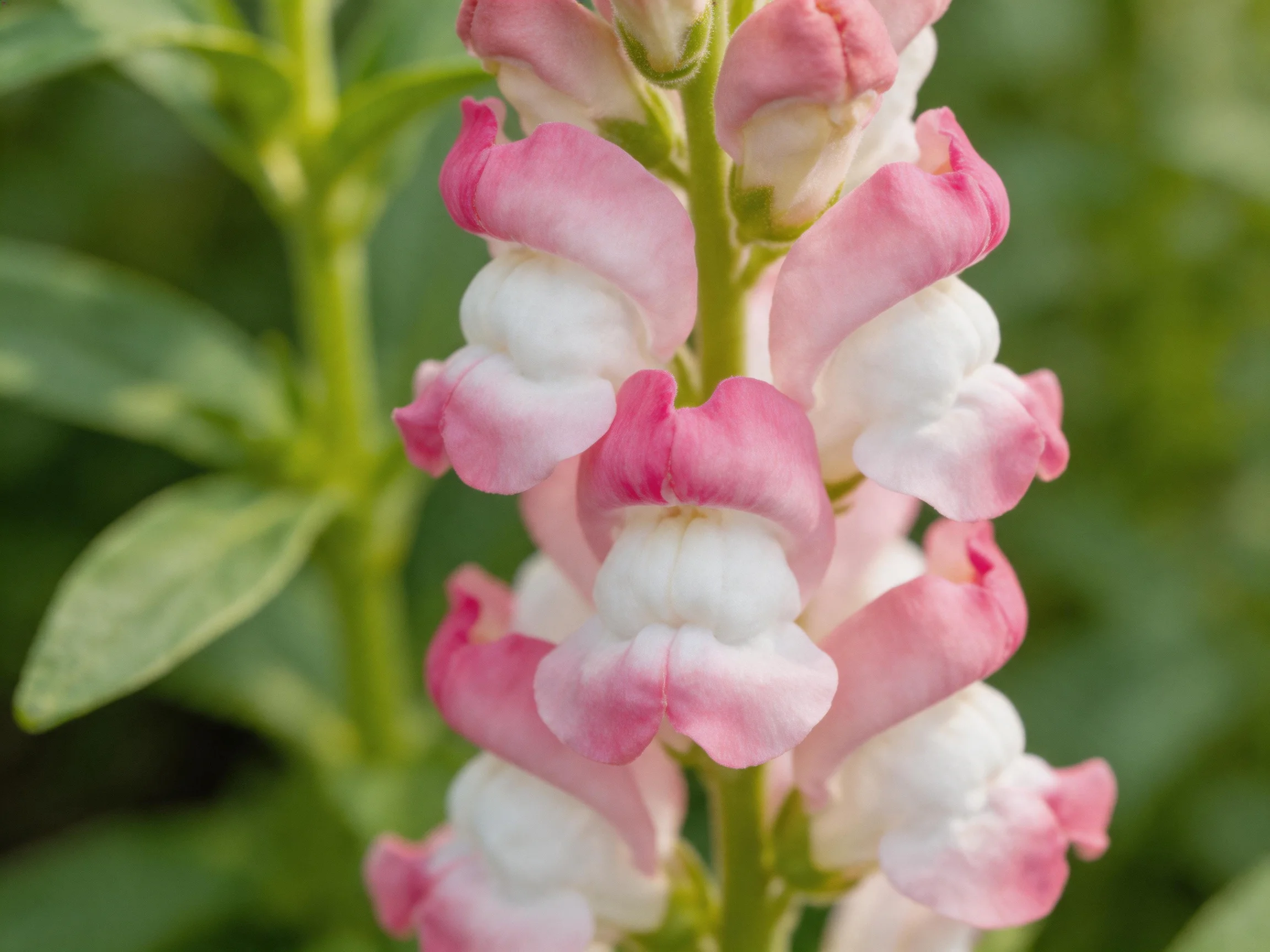 Pink and white snapdragon blooms with lush green foliage