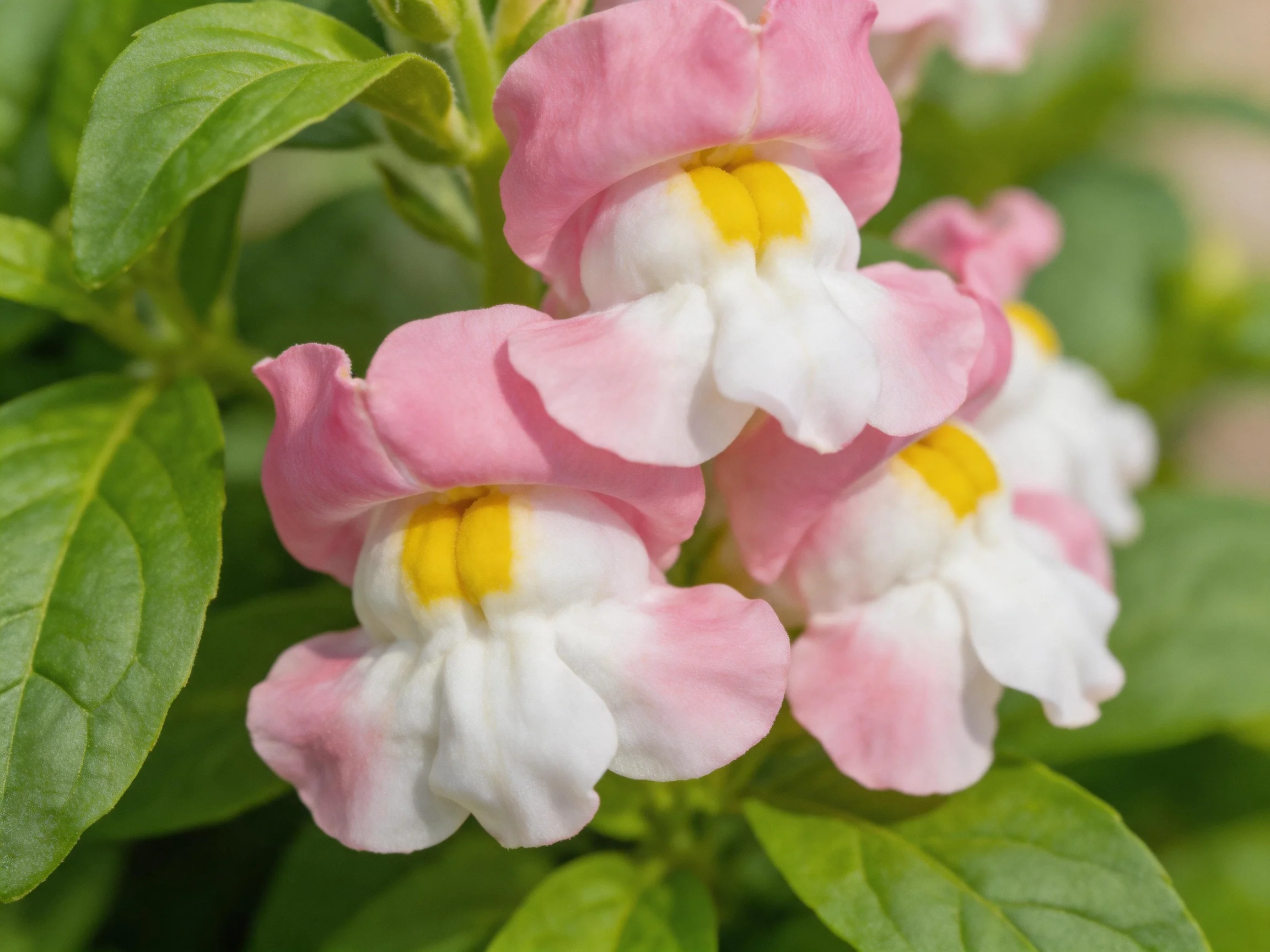 Pink and white snapdragon flowers with yellow centers among green leaves