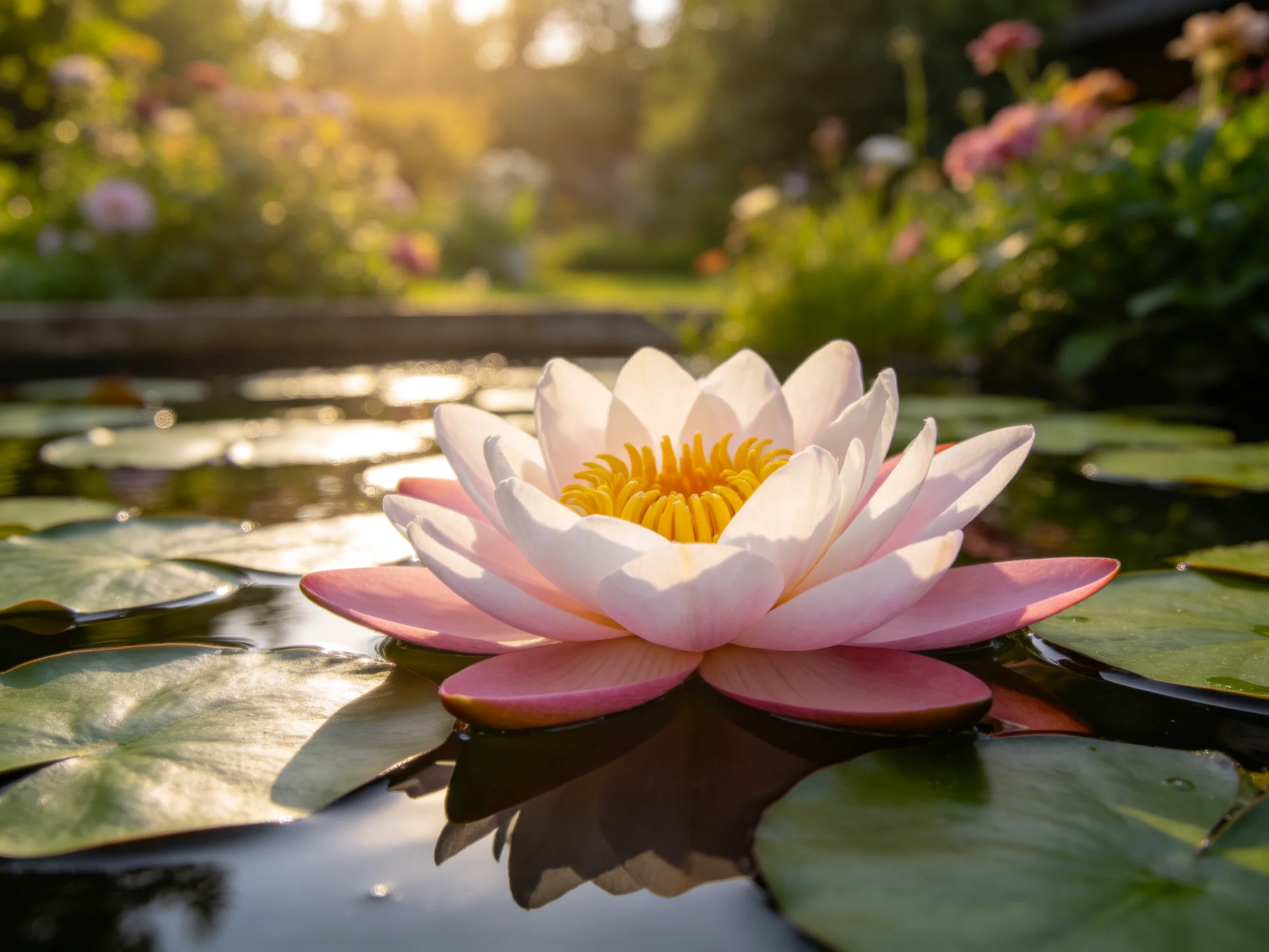 Pink and white water lily floats amid green lily pads in sunlit pond