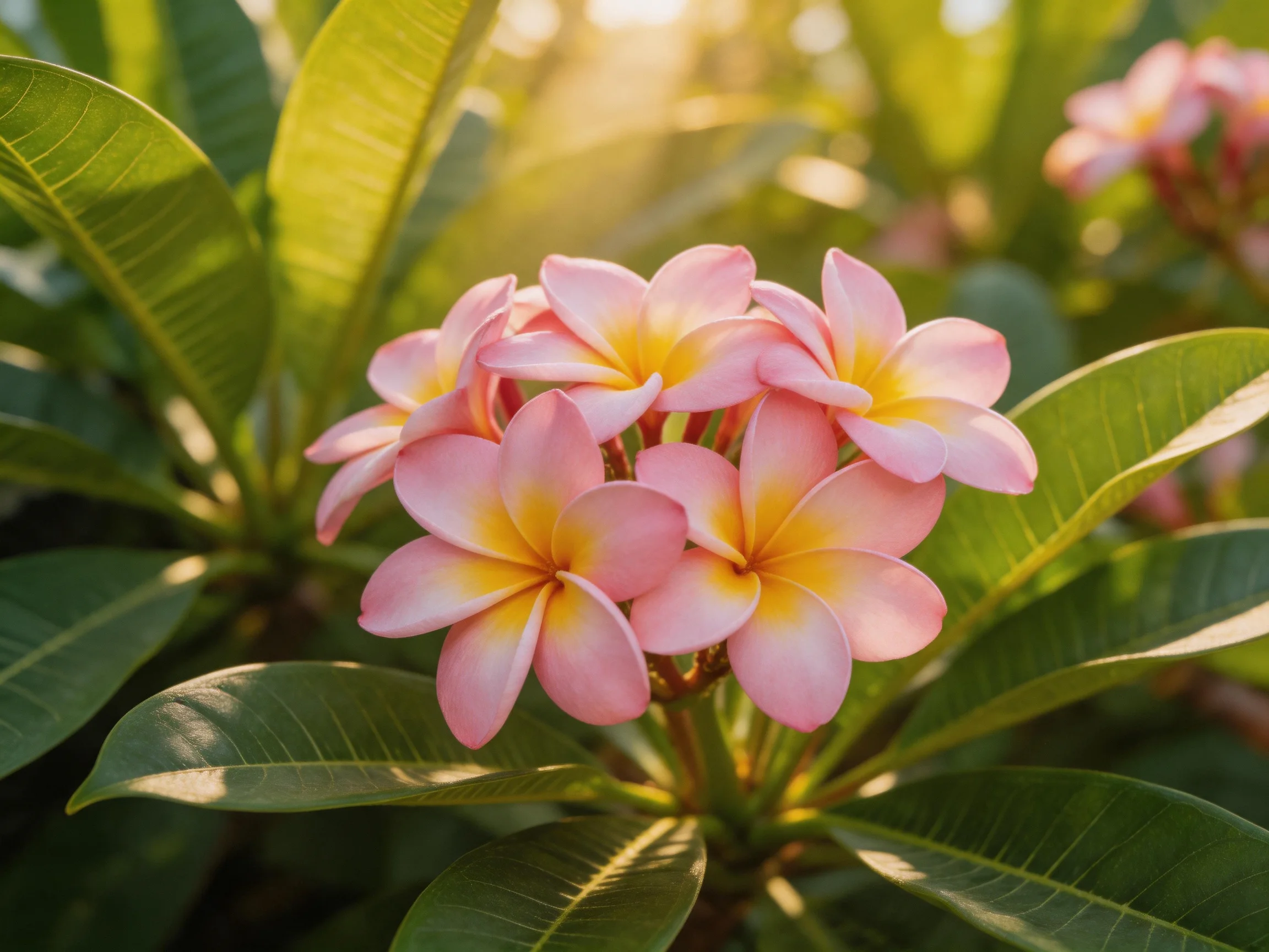 Pink and yellow plumeria blooms nestled among glossy green foliage under warm sunlight