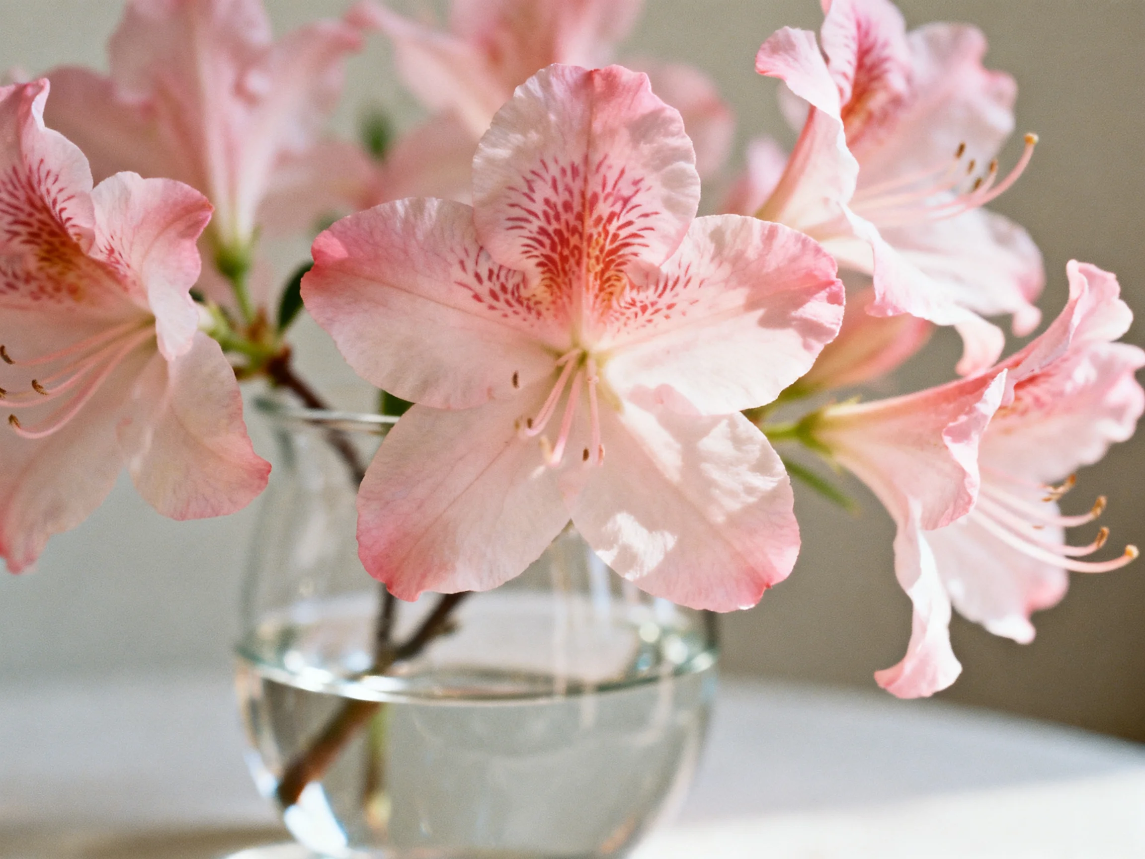 Pink azaleas arranged in a clear glass vase with water