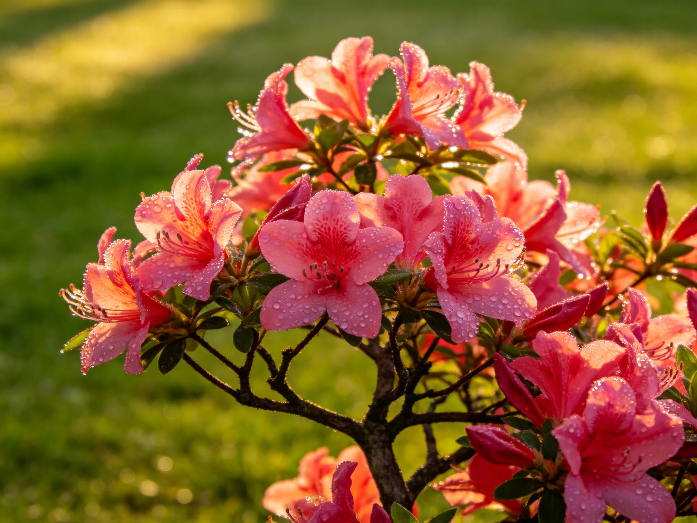 Pink azaleas with dewdrops blooming in a sunlit garden