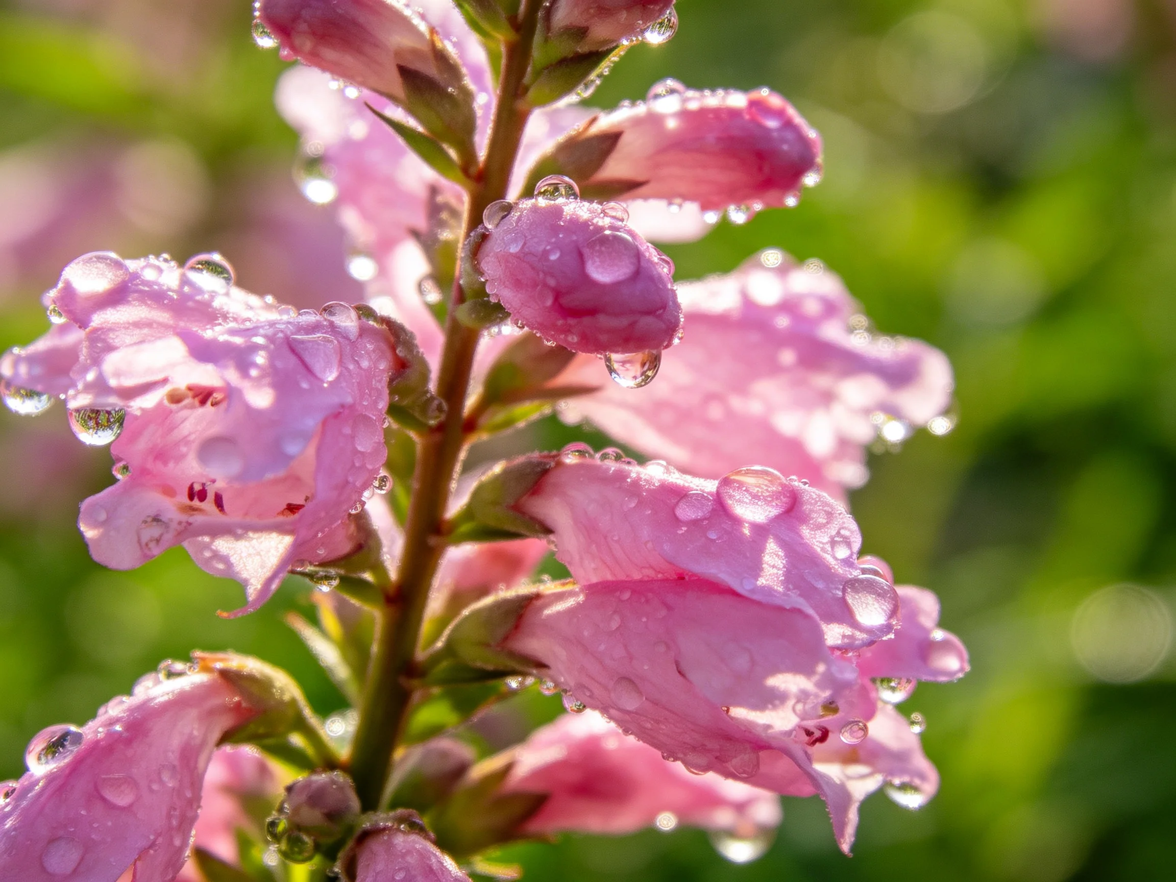 Pink bell-shaped flowers dotted with dewdrops in a sunlit setting