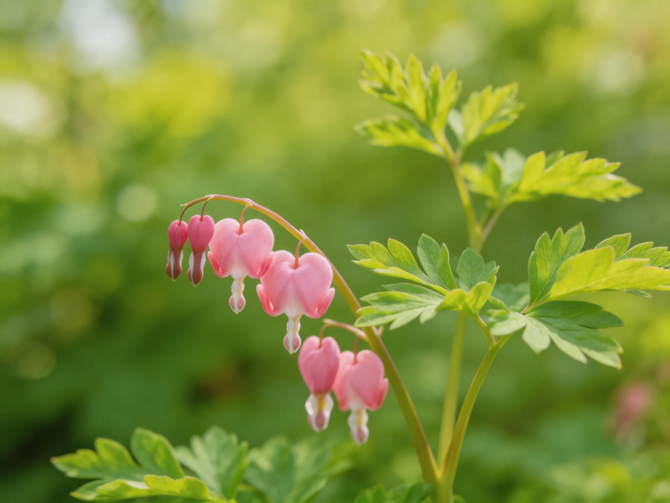 Pink bleeding heart blooms amid lush green foliage