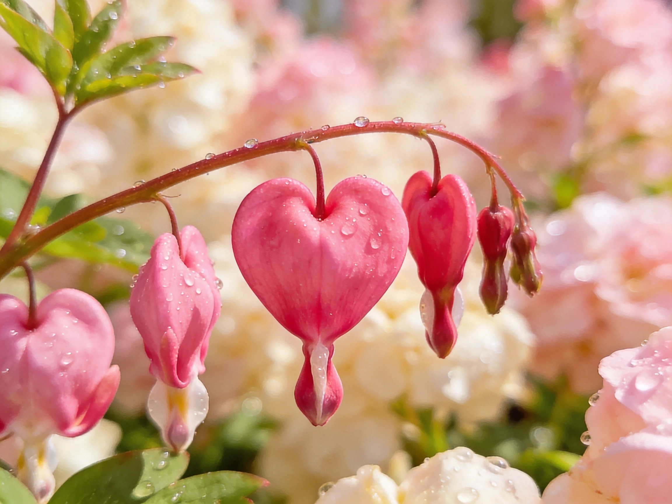 Pink bleeding heart flowers with dewdrops amid soft pastel blooms